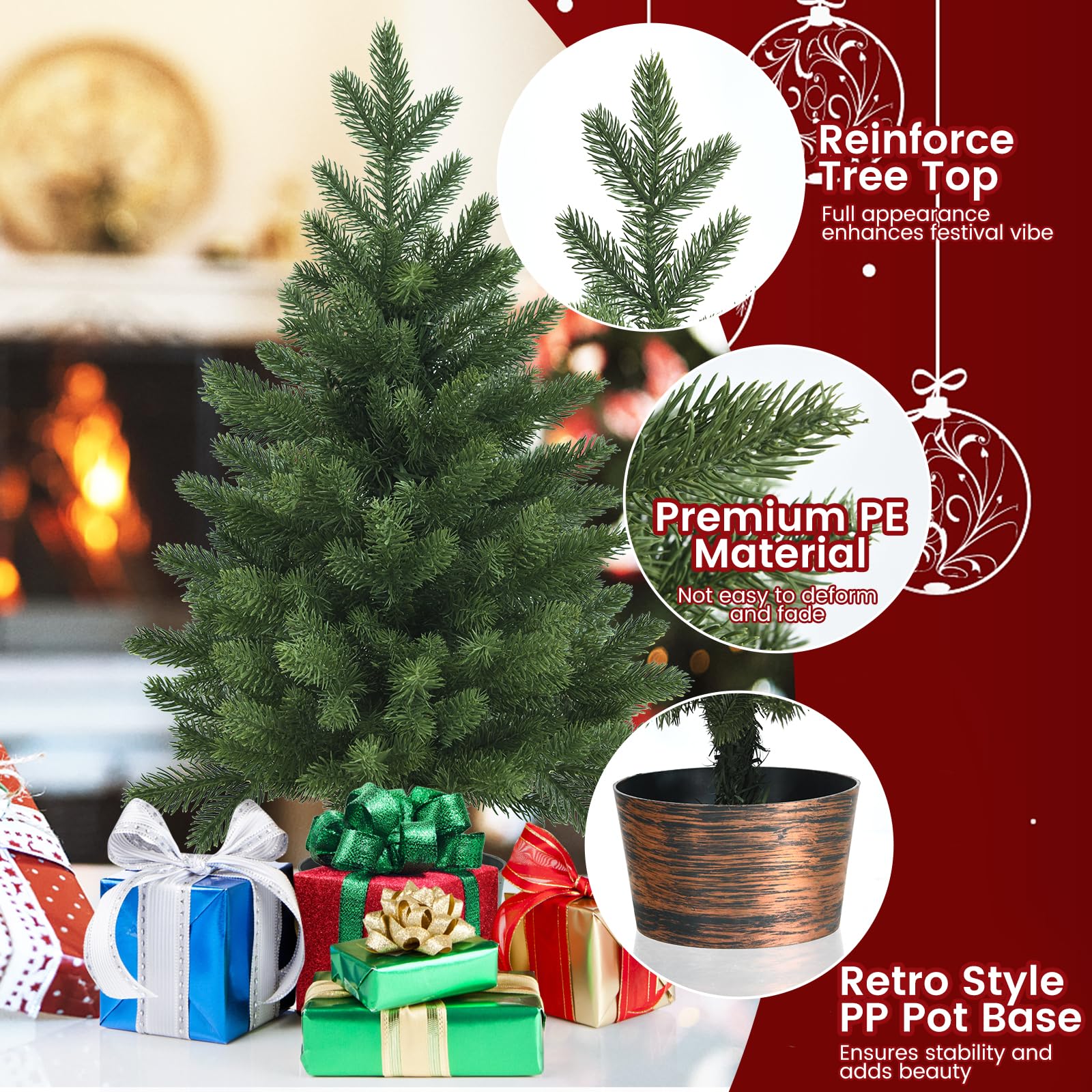 Choinka, 2 stopy/60 cm, małe sztuczne choinki z szyszkami i podstawą, świąteczna dekoracja stołu do wnętrz(Green Without Pine Cone)