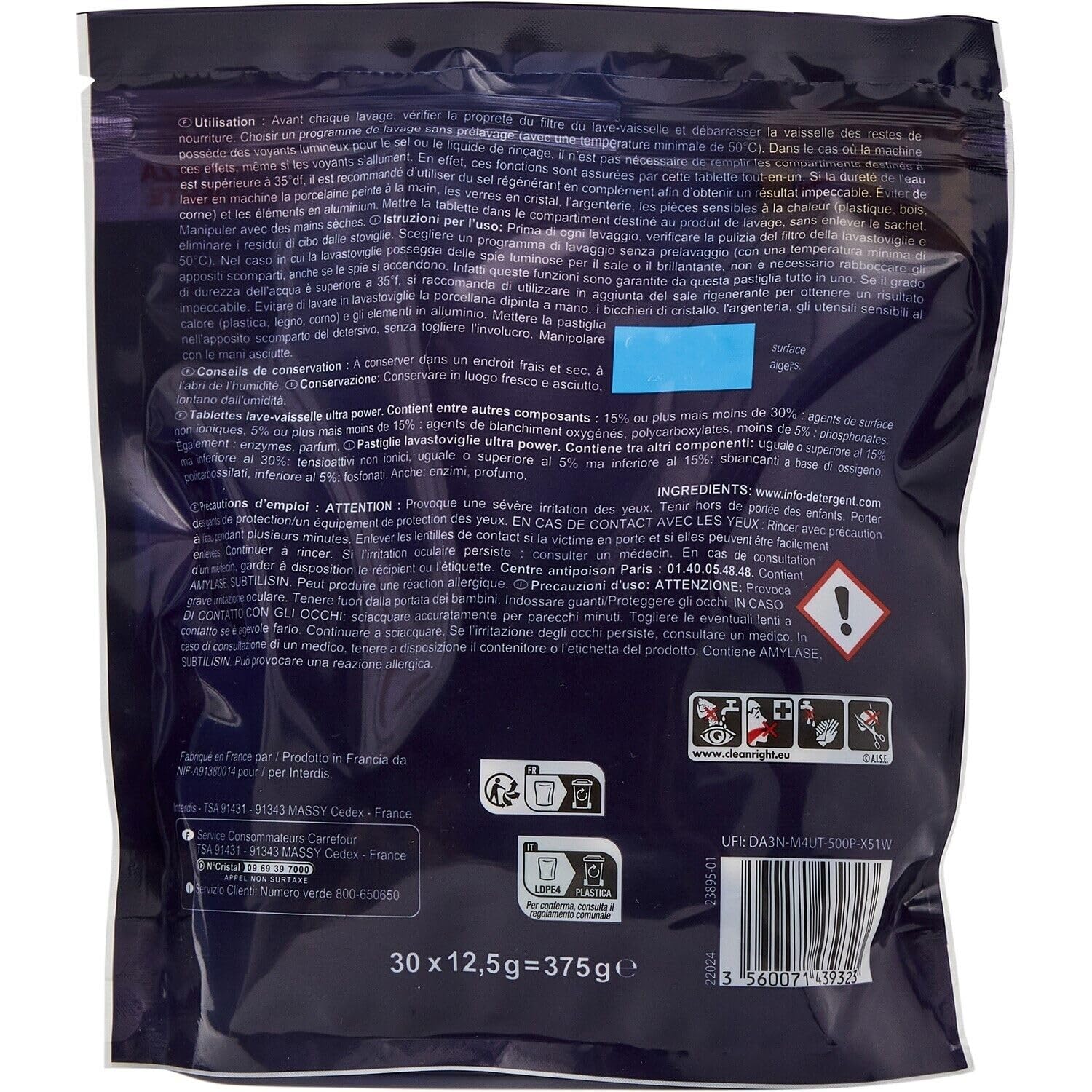 Vaisselle éclatante sans prérinçage grâce aux tablettes CARREFOUR EXPERT Ultra Power Tout en 1, format x30 (0.375 kg), pouch refermable - Lot de 3