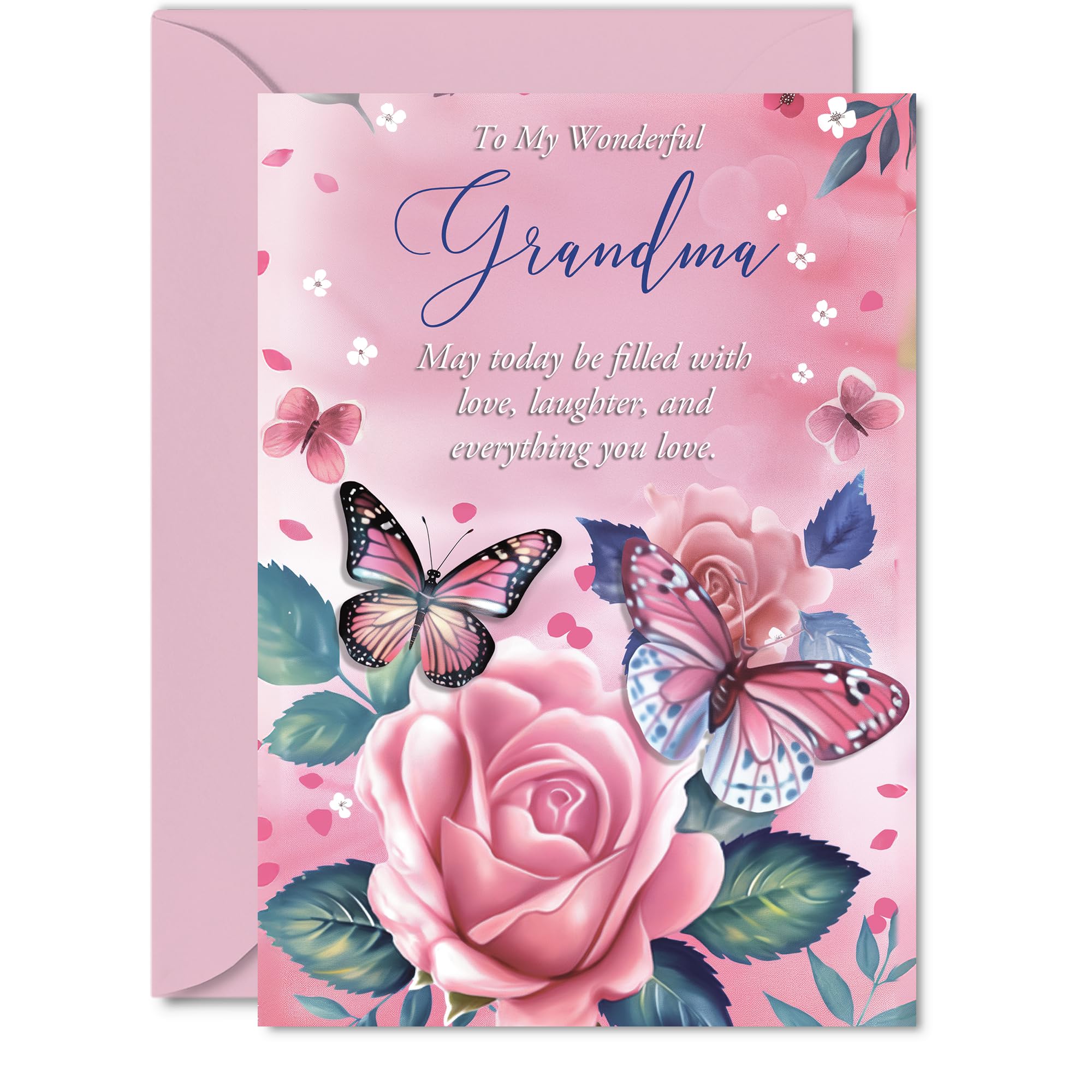 Grandma Birthday Card, Pink Rose Butterfly