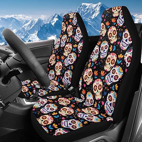 Bulopur Sugar Skull Car Seat Covers Day of The Death Car Decorations Fuzzy Warm Automotive Bucket Cover Washable Auto Front Seat Covers Fuzzy Fluffy Carseat Protector for Sedan Truck SUV