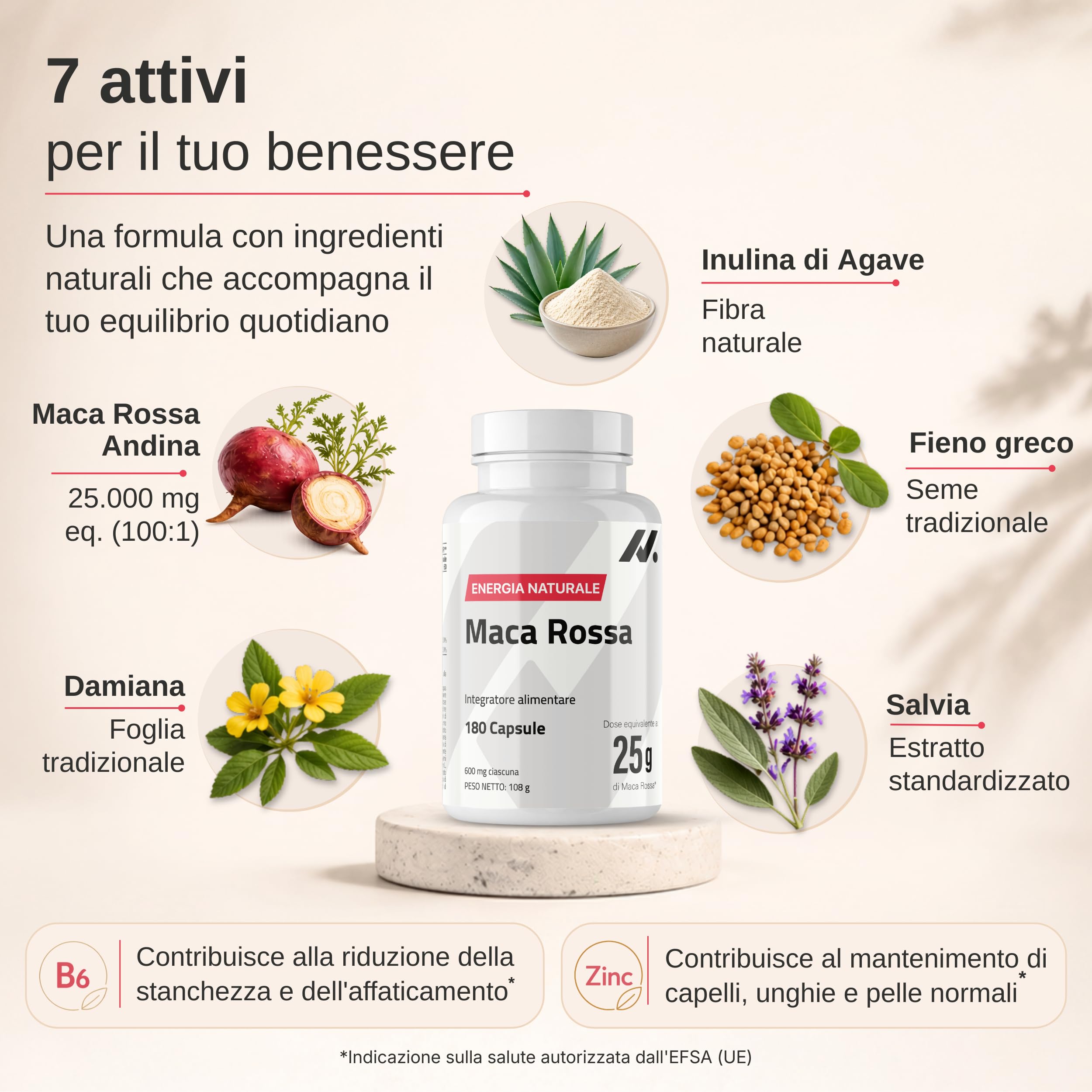 Maca Rossa Donna con Salvia, Fieno Greco e Damiana – Supporto Ormonale Femminile, Energia e Benessere – 25.000 mg Equivalenti di Maca Rossa in Polvere – 180 Capsule, 60 Dosi – Nyvos