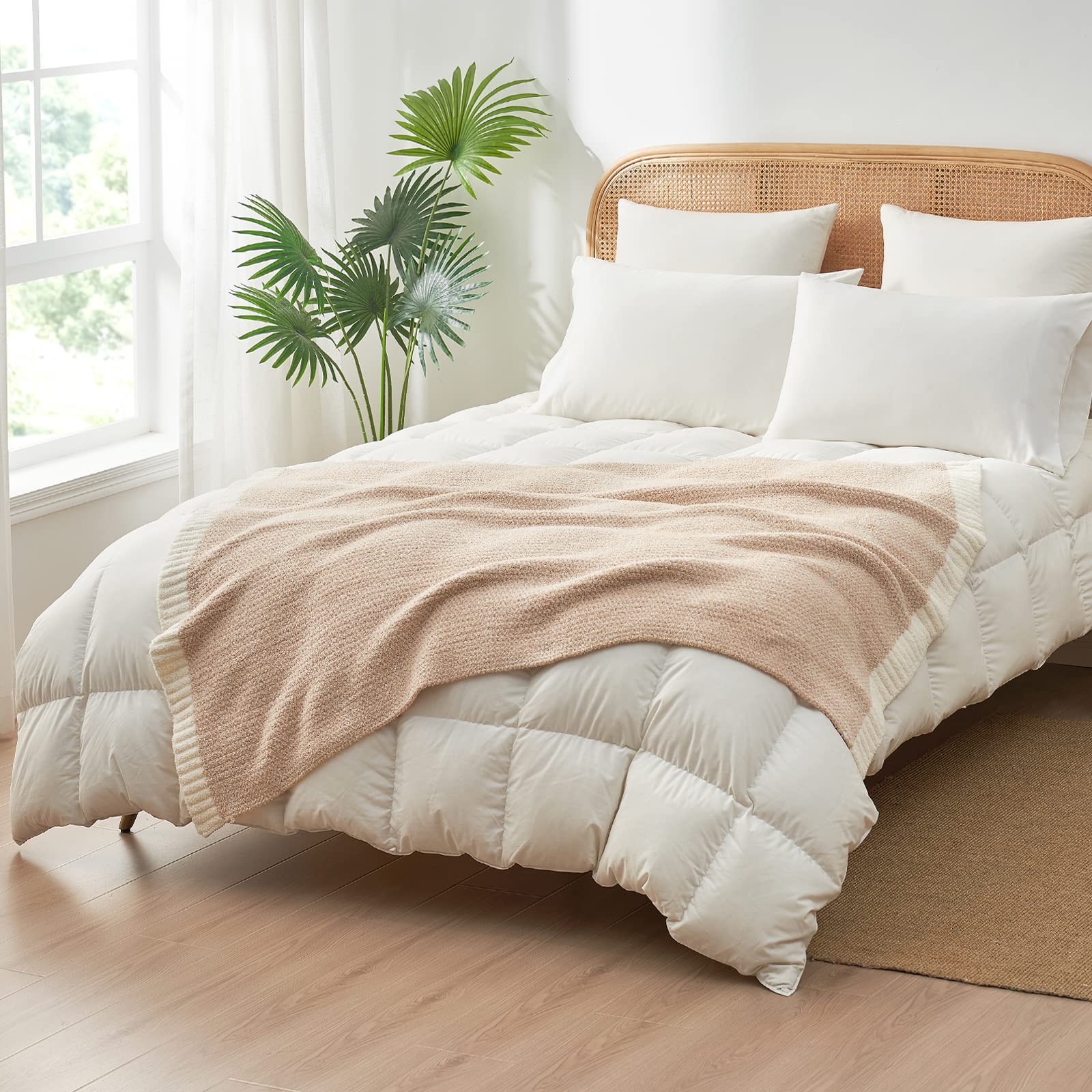 Snuggle Sac Heather Tan Throw Blanket for Couch, Reversible Throw Blanket Warm Cozy Knit Fuzzy Plush Lightweight for Sofa, Bed, Camping, Picnic, 50 x 60 inch