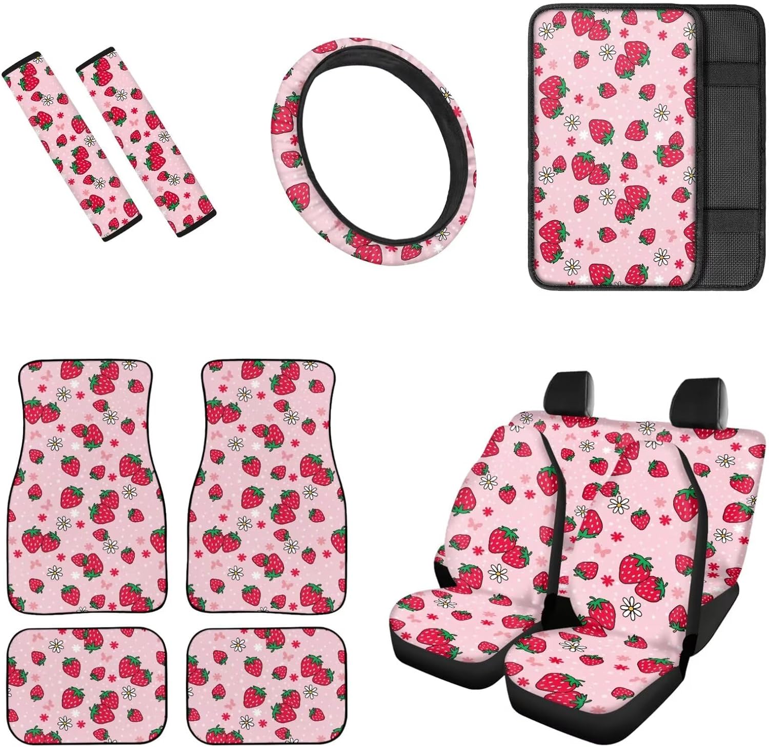 Strawberry Flower Pink Car Seat Cover Full Set Armrest Pad Cover Steering Wheel Belt Automotive Floor Mats