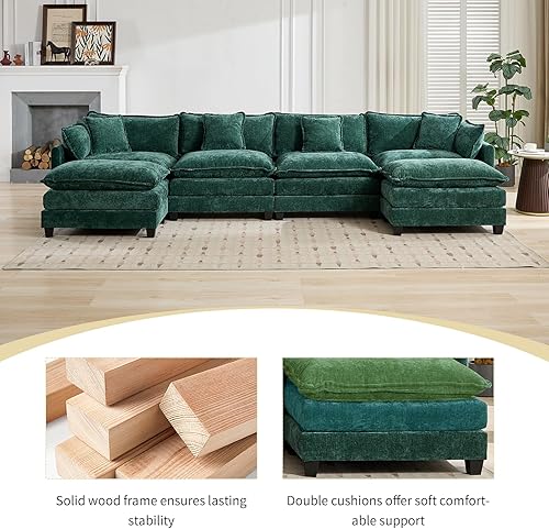 Miniatura 6 de Sofá seccional modular verde de 111.5", sofás seccionales grandes de 3 plazas para sala de estar, sofá nube oversized de tela chenille con otomana,