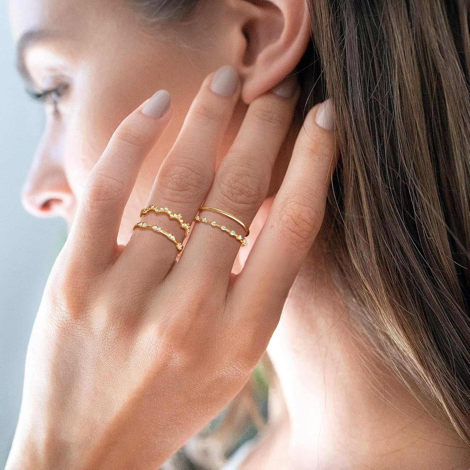 WFYOU Gold Rings for Women that Don't Tarnish Cubic Zirconia Ring Stackable Rings for Women Dainty 14K Gold Plated Rings Set Wedding Bands for Women Gold Jewelry Ring Size 6 7 8 9 10 - Image 3