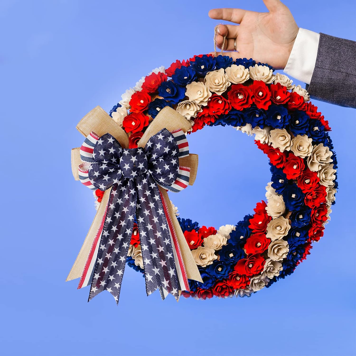 SIMISI RIBBON 4th of July Decorations Patriotic Wreath Bow Red White Blue Stars Burlap Bows for Memorial Day, Veteran's Day (11x16.5 inch)