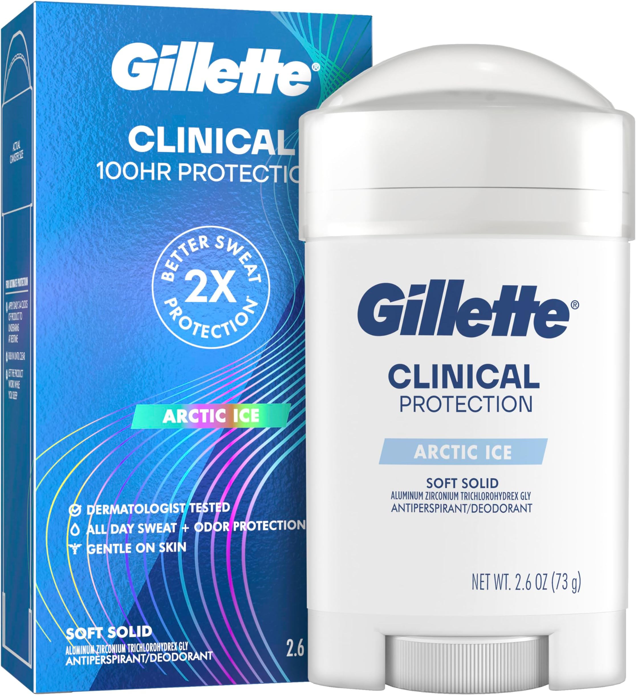 Clinical Antiperspirant and Deodorant for Men, 100HR Sweat & Odor Protection, Long Lasting Freshness, Anti-White Mark Technology, Soft Solid, Arctic Ice Scent, 2.6 oz