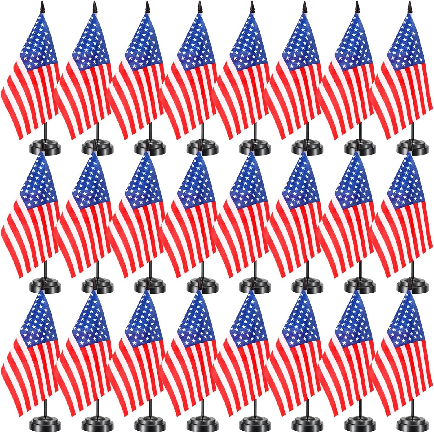 Hahafelt 24 Pcs American Desk Flag Set Small USA Flags for Table with 13" Black Pole, Black Base and Spear Top, American Flag for Home Office Party Festival Celebrations Decor