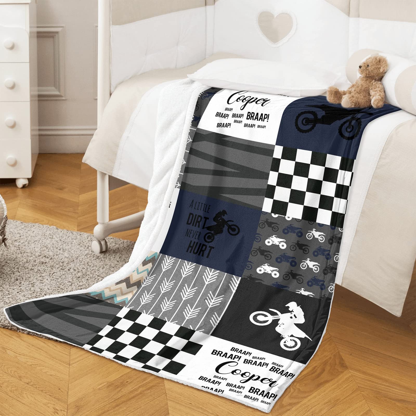 Munific Personalized Baby Blanket with Name - Blankets for Boys-Custom Boy Dirt Bike Blanket- Motocross Black Nursery Decor Quilt Boys Personalized, 30'' X 40''