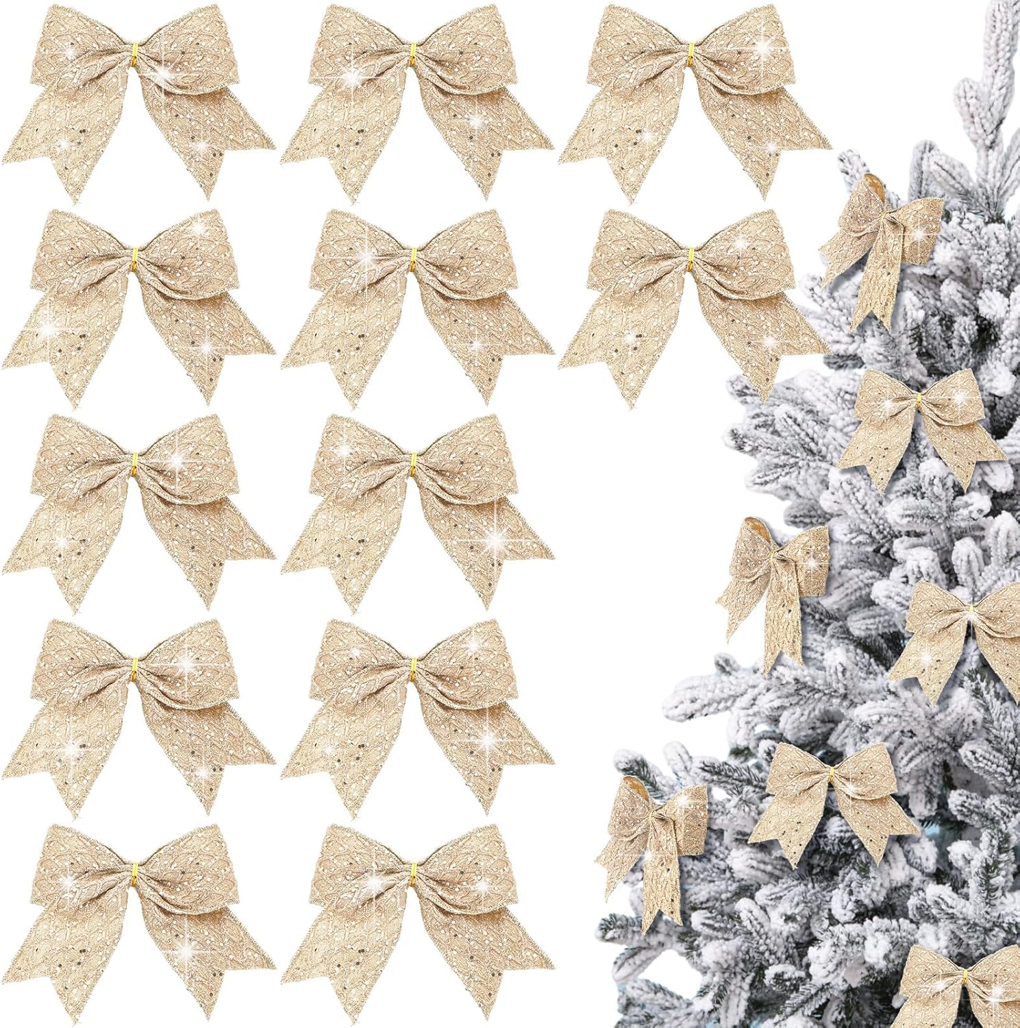 12 Pcs 6 Inch Glitter Diamond Mesh Champagne Christmas Bow Glitter Christmas Tree Wreath Gift Ribbon Bow Holiday Ornaments for Xmas Tree Garland DIY Craft Wrapping Decor