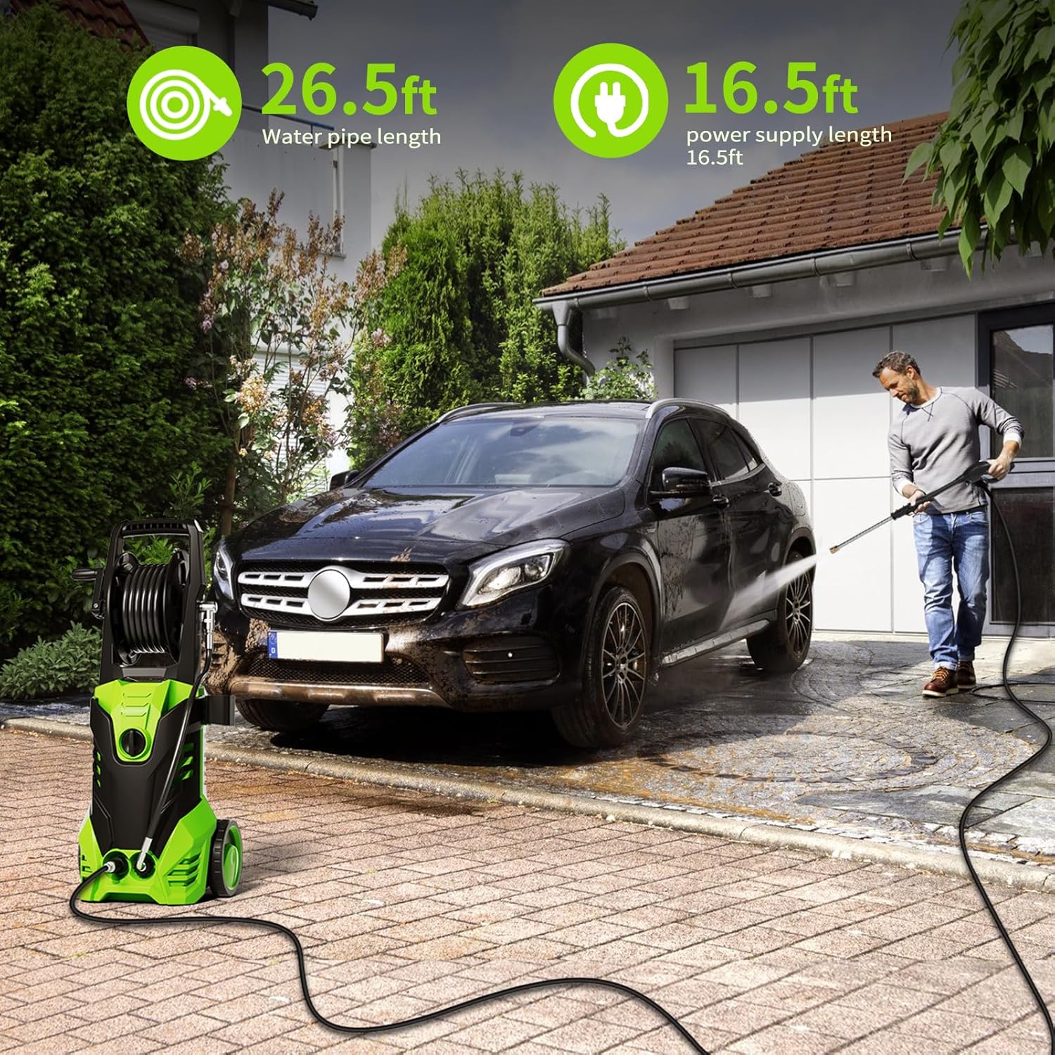 SKONYON T-102A Electric Pressure Washer showing 26.5 ft water pipe length and 16.5 ft power supply length