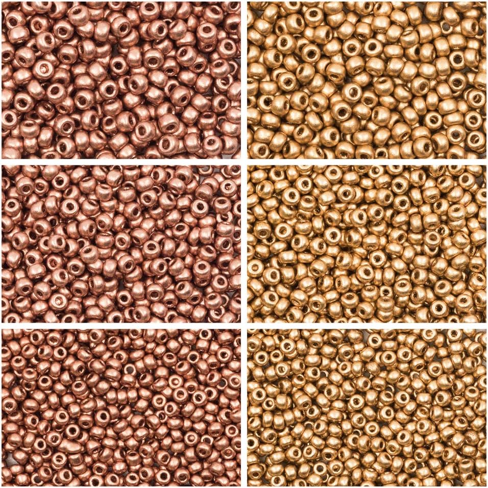 Set of 6x20 Grams Czech Round Glass Seed Beads, Rocailles by Size 8/0, 9/0 and 10/0. Two Colors: Aztec Gold and Vintage Copper. A Total of 120 Grams. Kit for Jewelry Making.