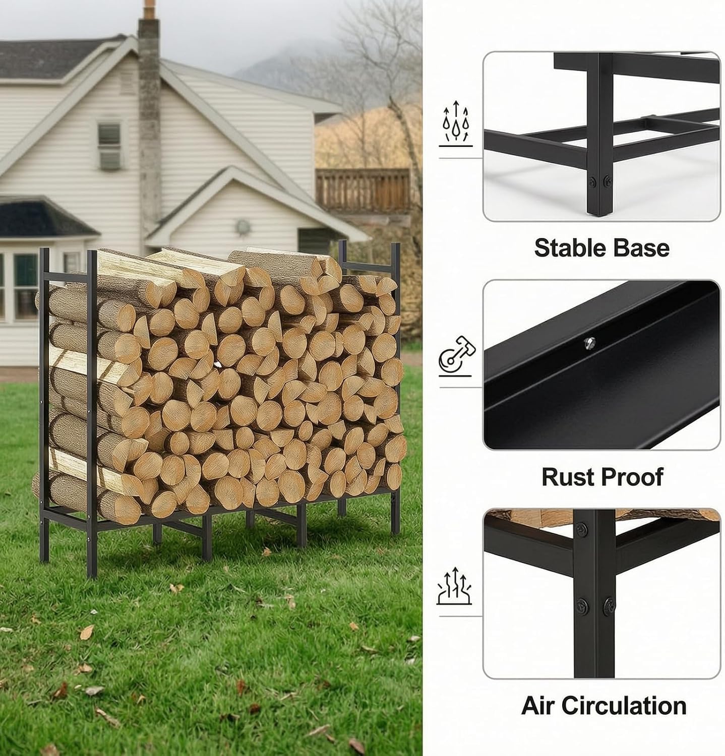 Estantería Leña 122cm Metálica Pesada con 8 Patas, Interior y Exterior | Metal Estable y Antióxido. Para Jardín, Terraza o Garaje. Organiza la Leña. También para Exteriores