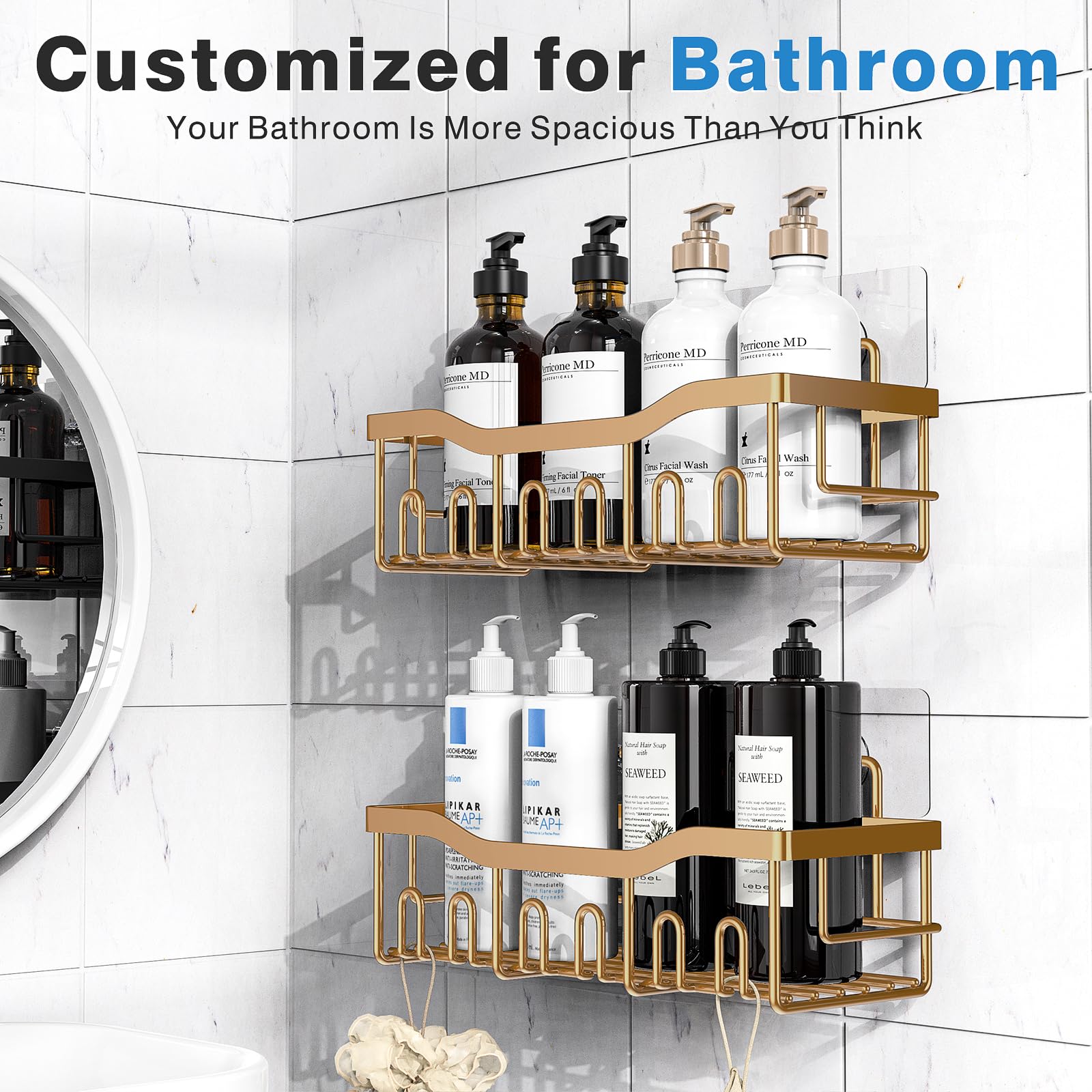 EUDELE Organizador de ducha, 2 unidades, organizador adhesivo para almacenamiento de baño, decoración del hogar y cocina, sin taladrar, estante de acero inoxidable inoxidable, juegos de decoración de