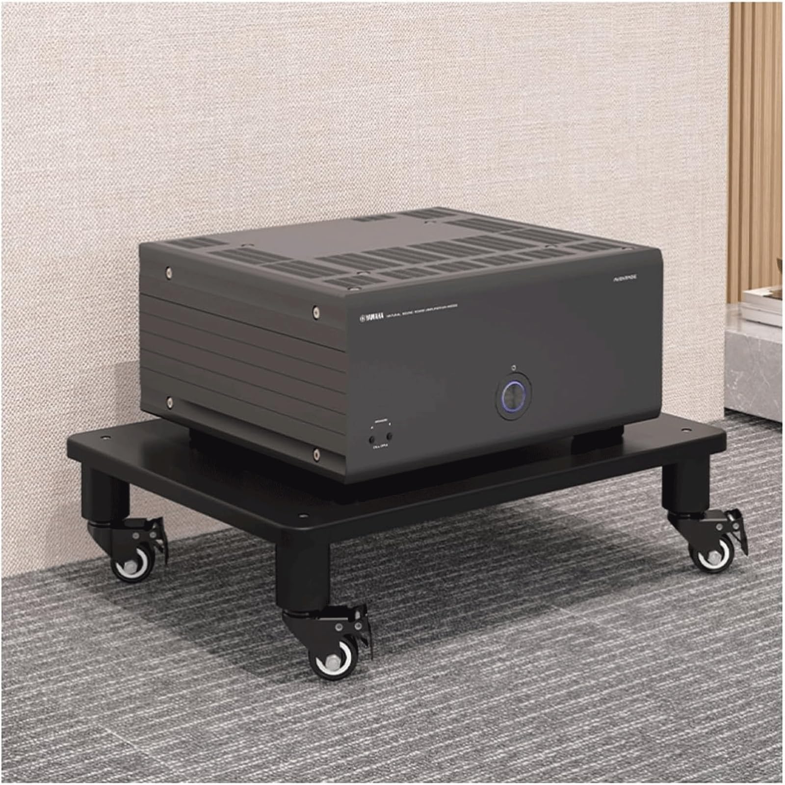 CWCQGH Wooden Audio Rack with Wheels 1 Tier Stereo Rack Open Cabinet for Audio Equipment Mobile Audio Video Shelving Stylish Finish,Nero-1 Tier