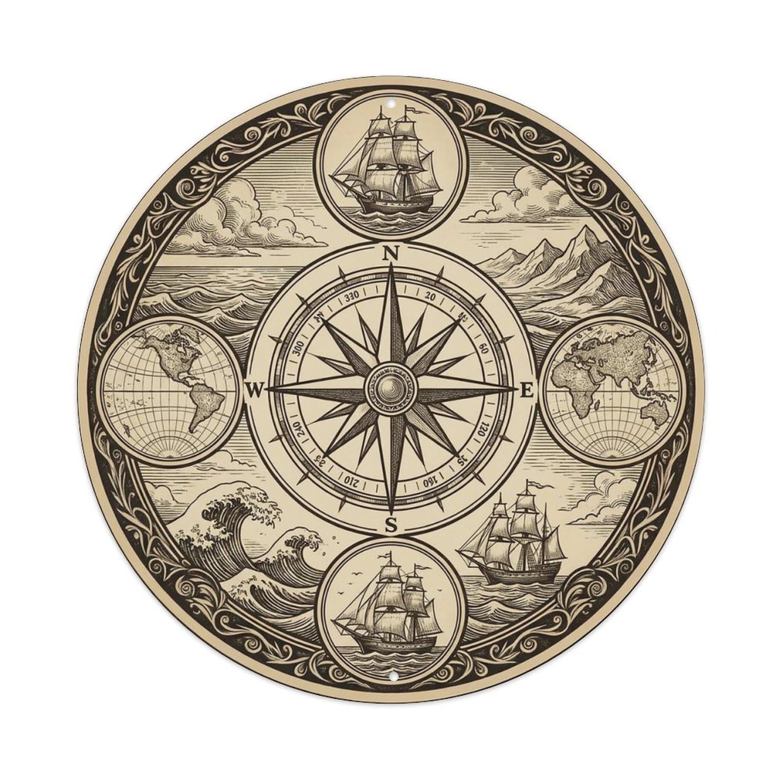 Vintage Nautical Compass World Map Reckoning Chronicle Metal Tin Sign