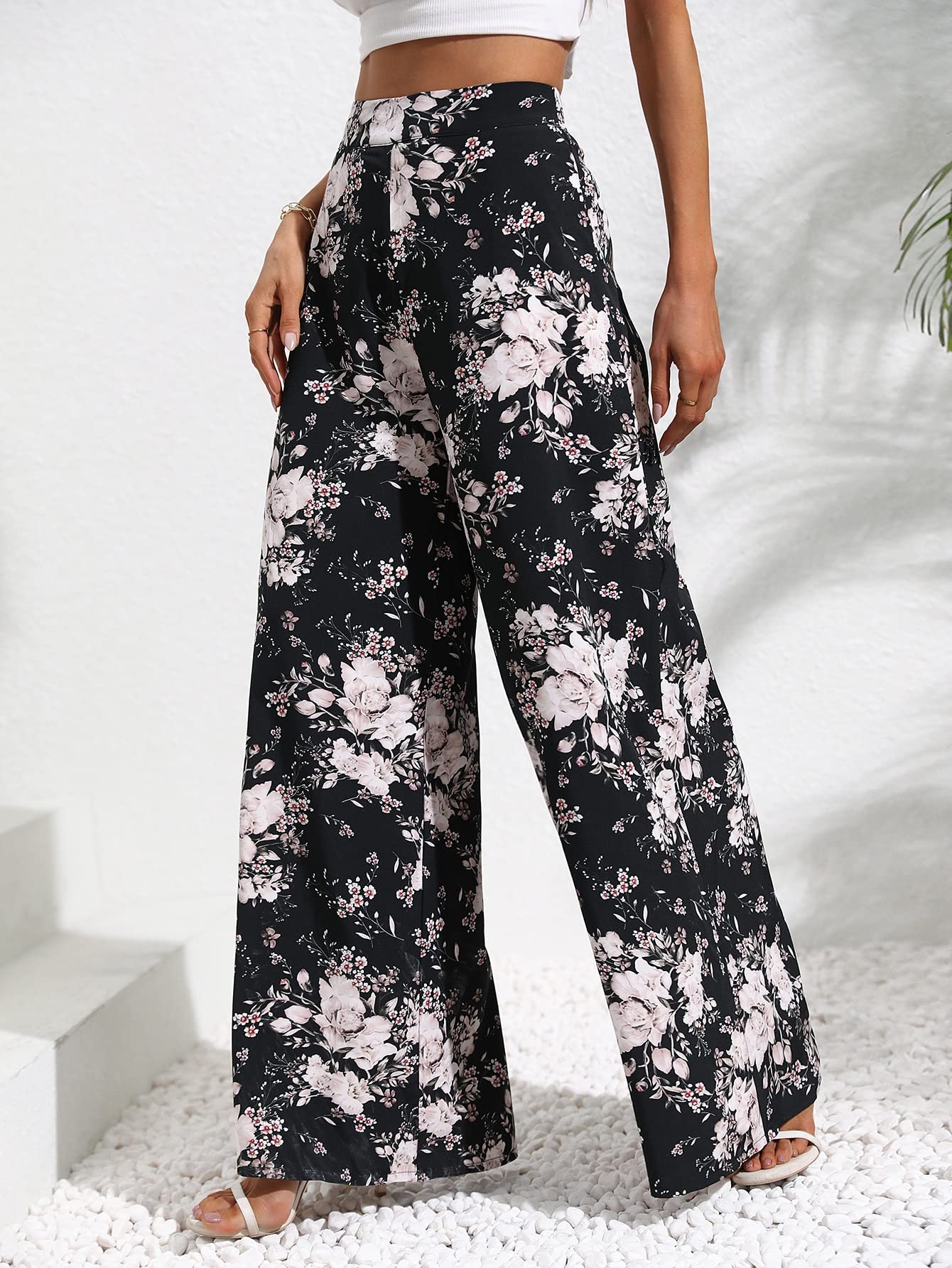 REDESYN Pants for Women Womens Pant Floral Print Wide Leg Pants Pants Color Black Size Small