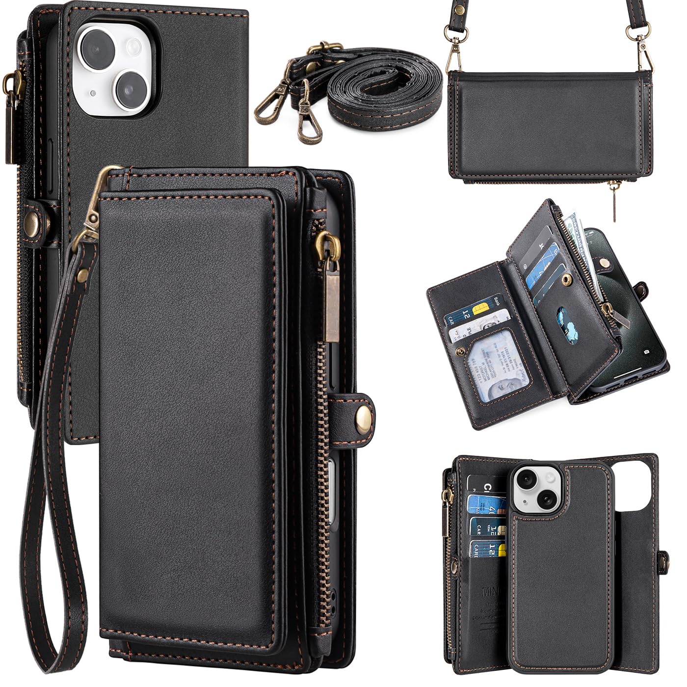 Funda tipo cartera para iPhone 15 con 10 ranuras para tarjetas, magnética desmontable con bloqueo RFID, funda de piel sintética con correa para mujeres y hombres, color negro
