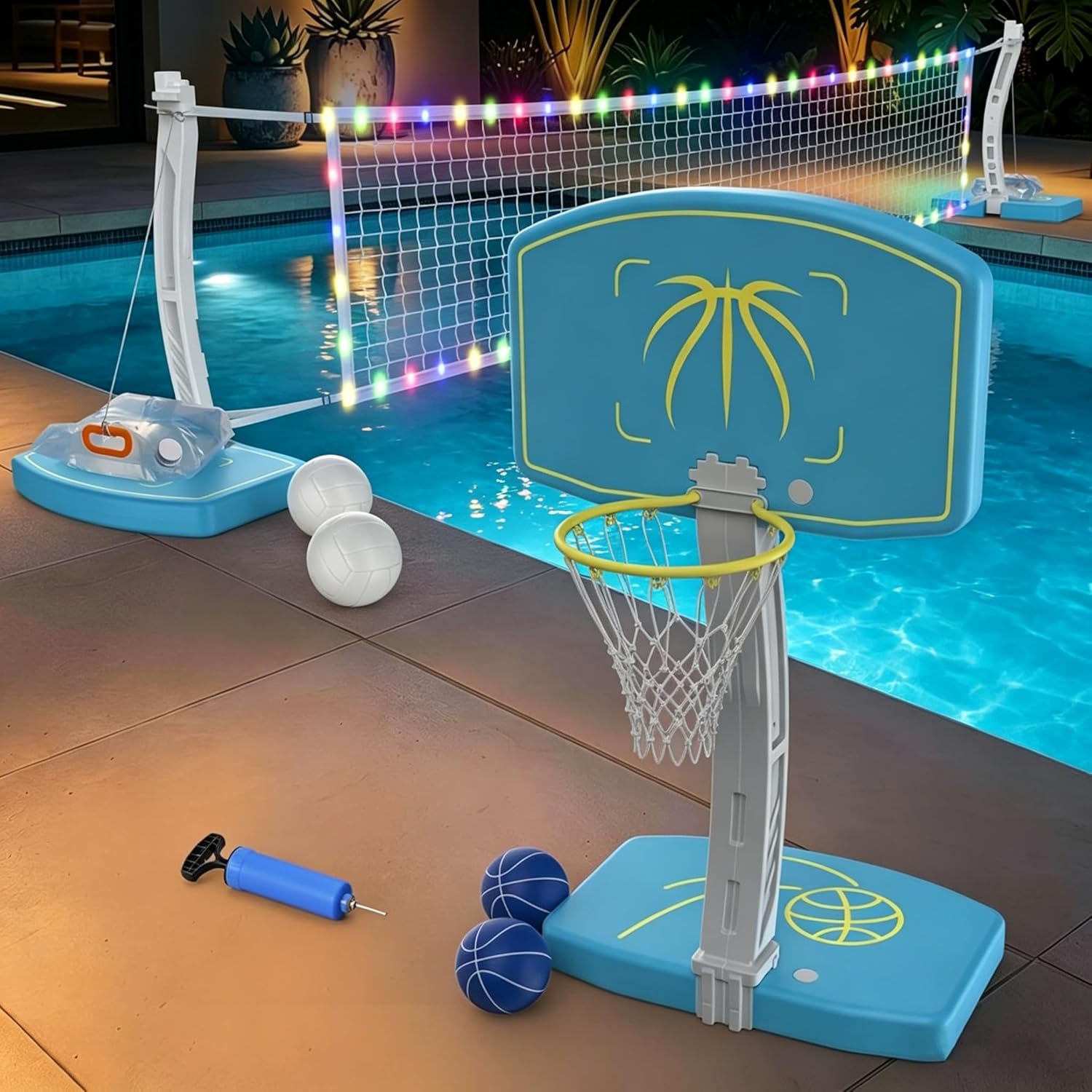 Goregent Pool Basketball Hoop and Volleyball Combo 2-in-1, LED Pool Volleyball Net Set with Adjustable Net, Stainless Steel Basket, Swimming Pool Games for Poolside Inground Summer Party