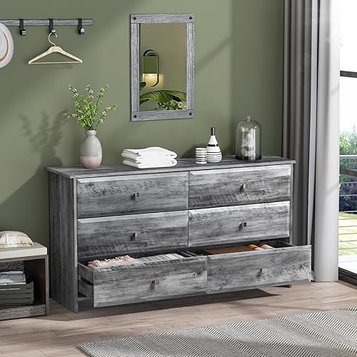 VINGLI Cómoda Gris de 6 Cajones, Cómoda de 54" de Largo para Dormitorio, Cómoda de Madera con Frentes de Cajones Texturizados, Cómoda Rústica Gris,