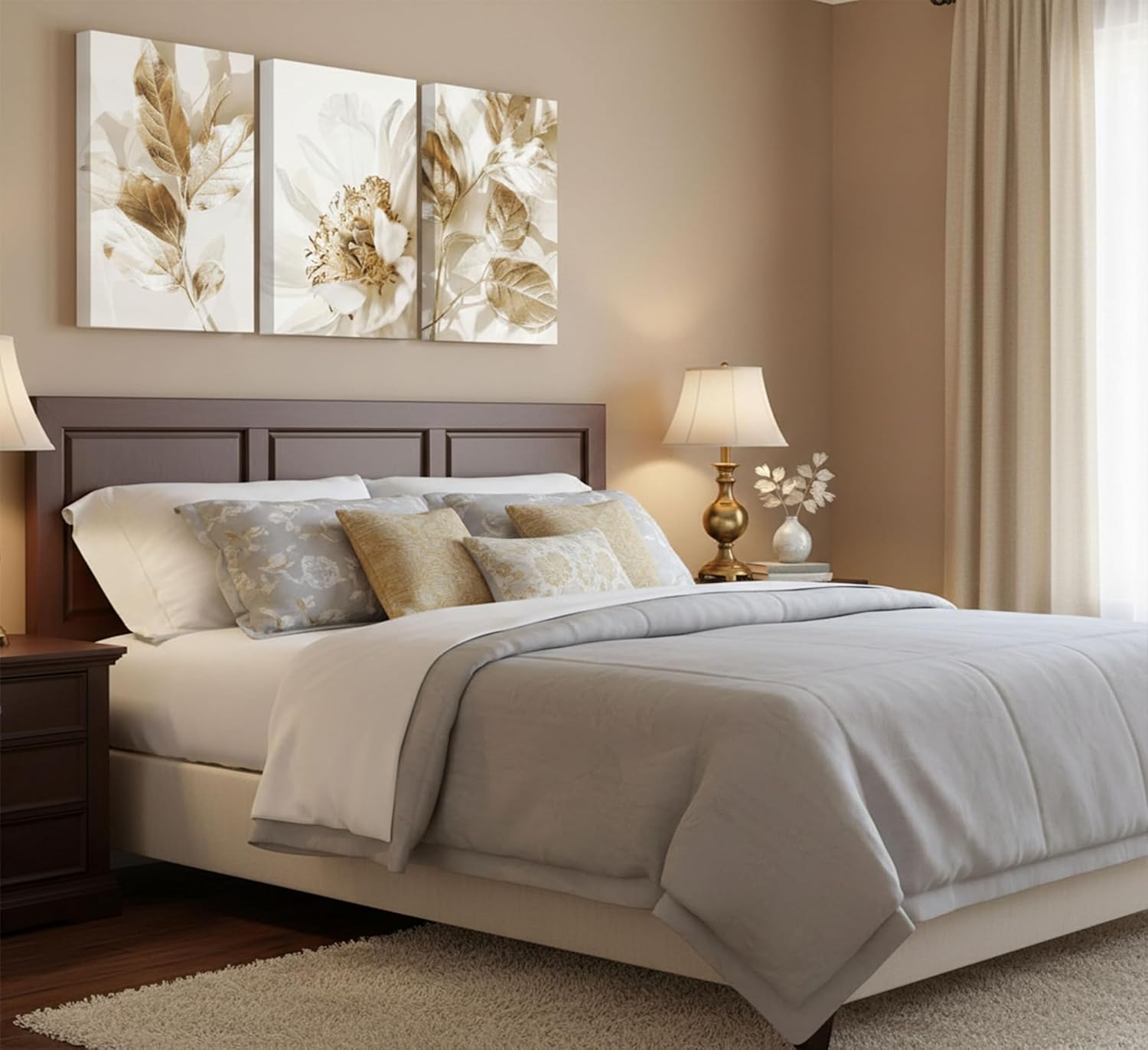 3 Pcs Modern White Floral Golden Leaves Canvas Wall Art Neutral Boho Beige Botanical Painting Pictures Nordic Wall Decor Posters Print Artwork for Bedroom Living room Office Home Decoration