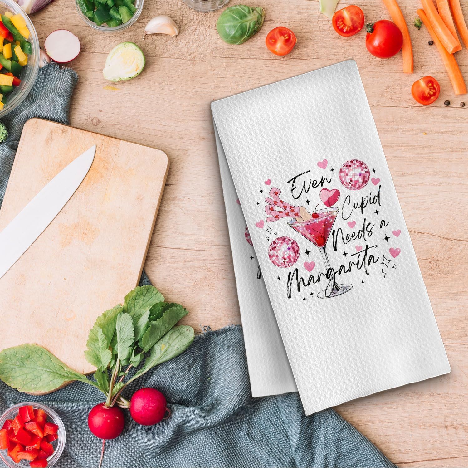 Pink Disco Margarita Valentine's Day Kitchen Towels, Gifts for Cocktail Lovers Dish Tea Towels, Even Cupid Needs a Margarita Decorative Hand Towel for Kitchen Bar, 16x24 Inch image 5