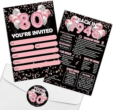 REWIDPARTY 80th Birthday Party Invitations for Women - Back in 1946 Invites Cards with Envelopes Stickers - Rose Gold 80 Year Old Birthday Celebration Invitations Supplies Set of 15