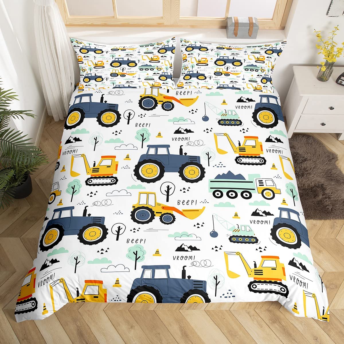 Homewish Teenage Boy Bedding Set Super King, Excavator Tractor Duvet Cover Set for Kids, Cartoon Car Quilt Cover Construction Vehicles Bedding, Equipment Trucks Bed Set Boys Truck Room Decor — image 1