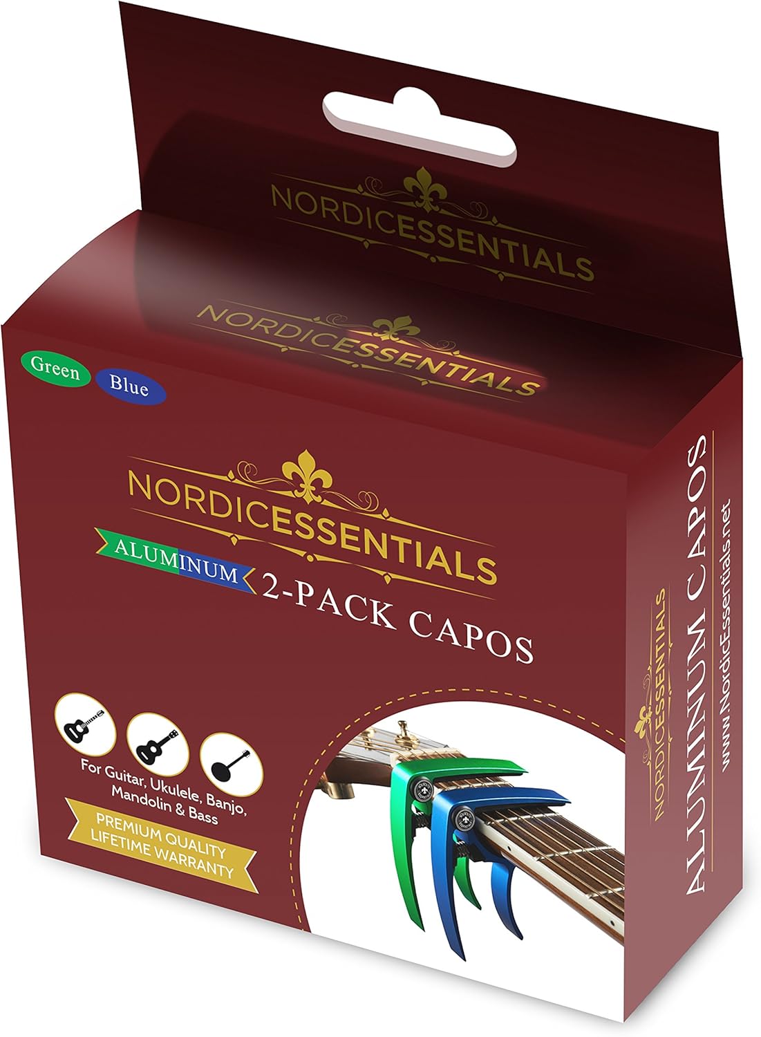 Guitar Capo (2 Pack) for Acoustic Guitars, Ukulele, Banjo, Mandolin, Bass - Made of Ultra Lightweight Aluminum Metal (1.2 oz!) for 6 & 12 String Instruments - Nordic Essentials (Green+Blue)