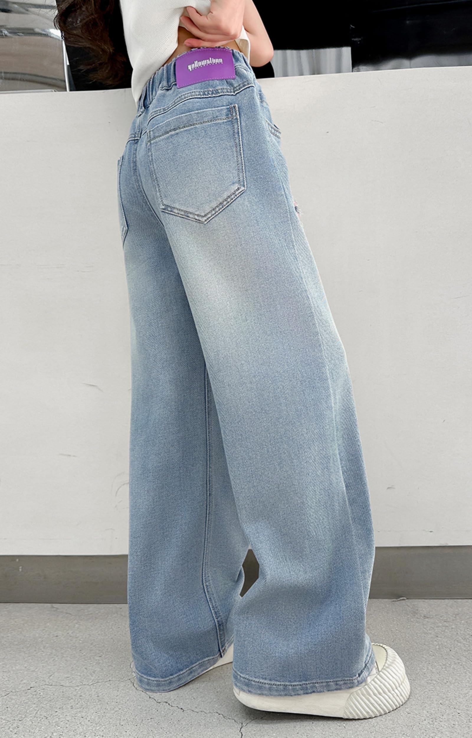 Rolanko Jeans holgados para niñas, pantalones de mezclilla desgastados, cintura elástica, pierna ancha, ajuste holgado de 4 a 14 años