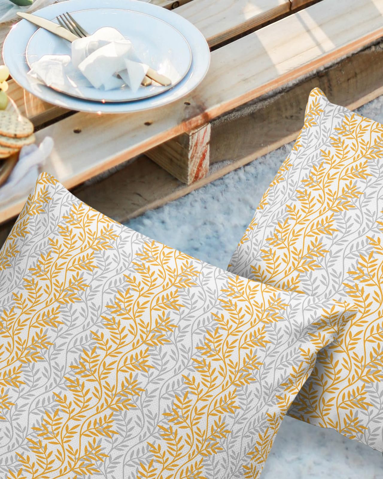 LBDecor Outdoor Throw Pillow Covers 24x24 Waterproof Orange and Grey Leaves Outdoor Pillows Decorative Pillow Covers Cushion Covers Pillowcase for Tent Patio Garden Couch Set of 2,