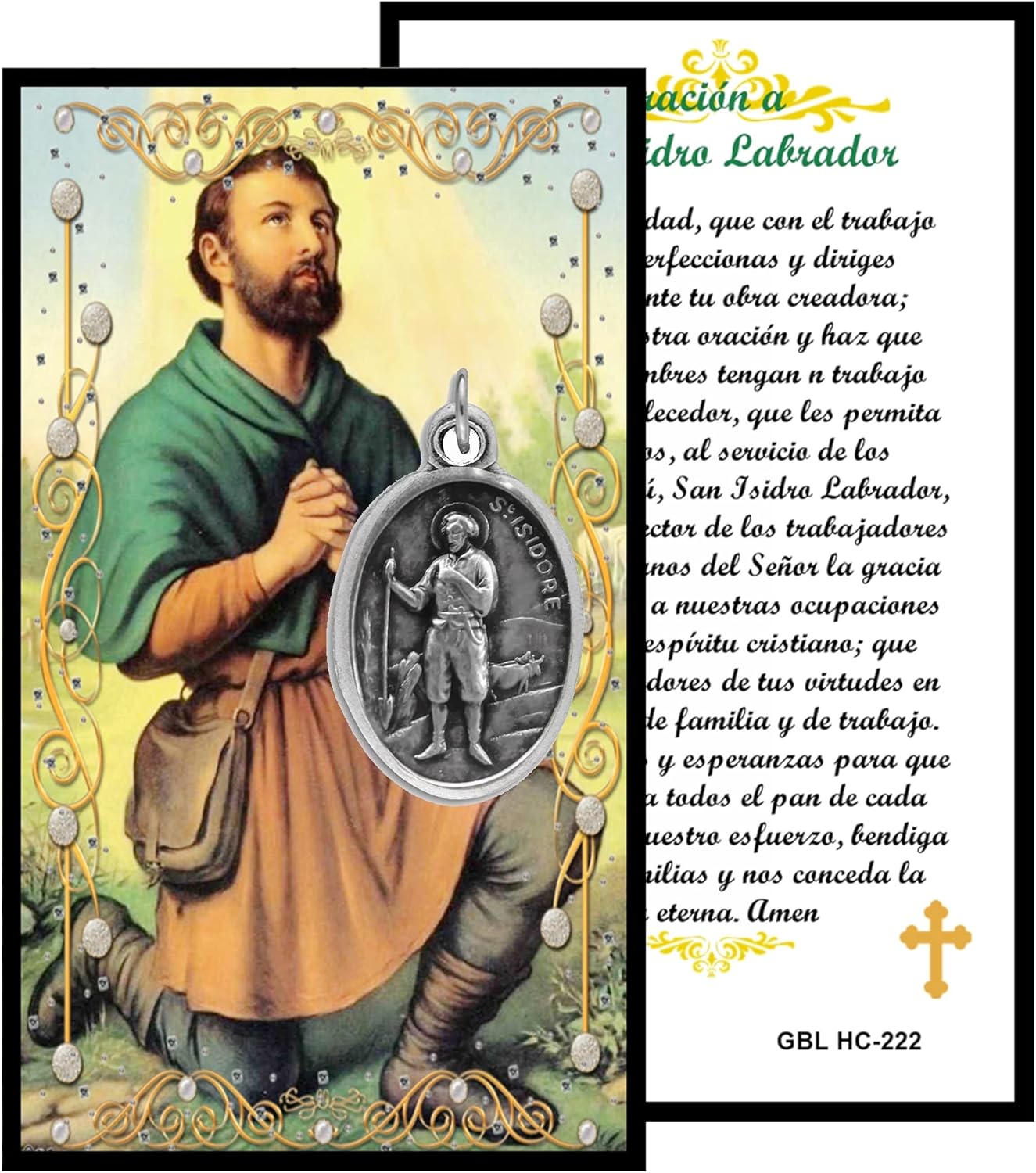 Gifts by Lulee, LLC Saint Isidore The Laborer San Isidro Labrador Silver Oxidized Medal Blessed Prayer Card and Set with everything (SET-SPANISH)