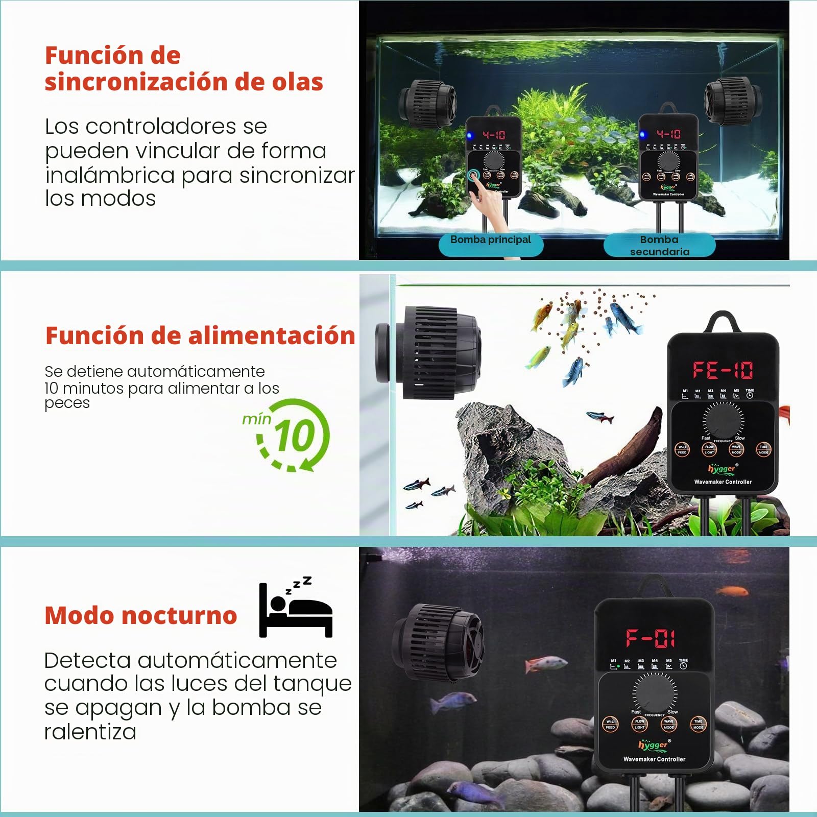 hygger Bomba de Flujo de Acuario, 9000LPH Bormba Circulación Acuario con Inteligente Controlador, 14W Ultra Silencioso Wave Maker Aquarium Magnéticos de 158-739L Freshwater Saltwater Tanks