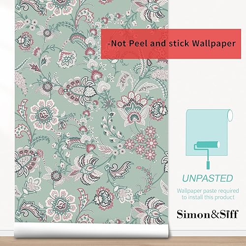Miniatura 5 de Simon&Siff Papel tapiz floral vintage con estampado de cachemira francés, 17.3 x 236 pulgadas, no tejido, grueso, bohemio, verde y azul, para