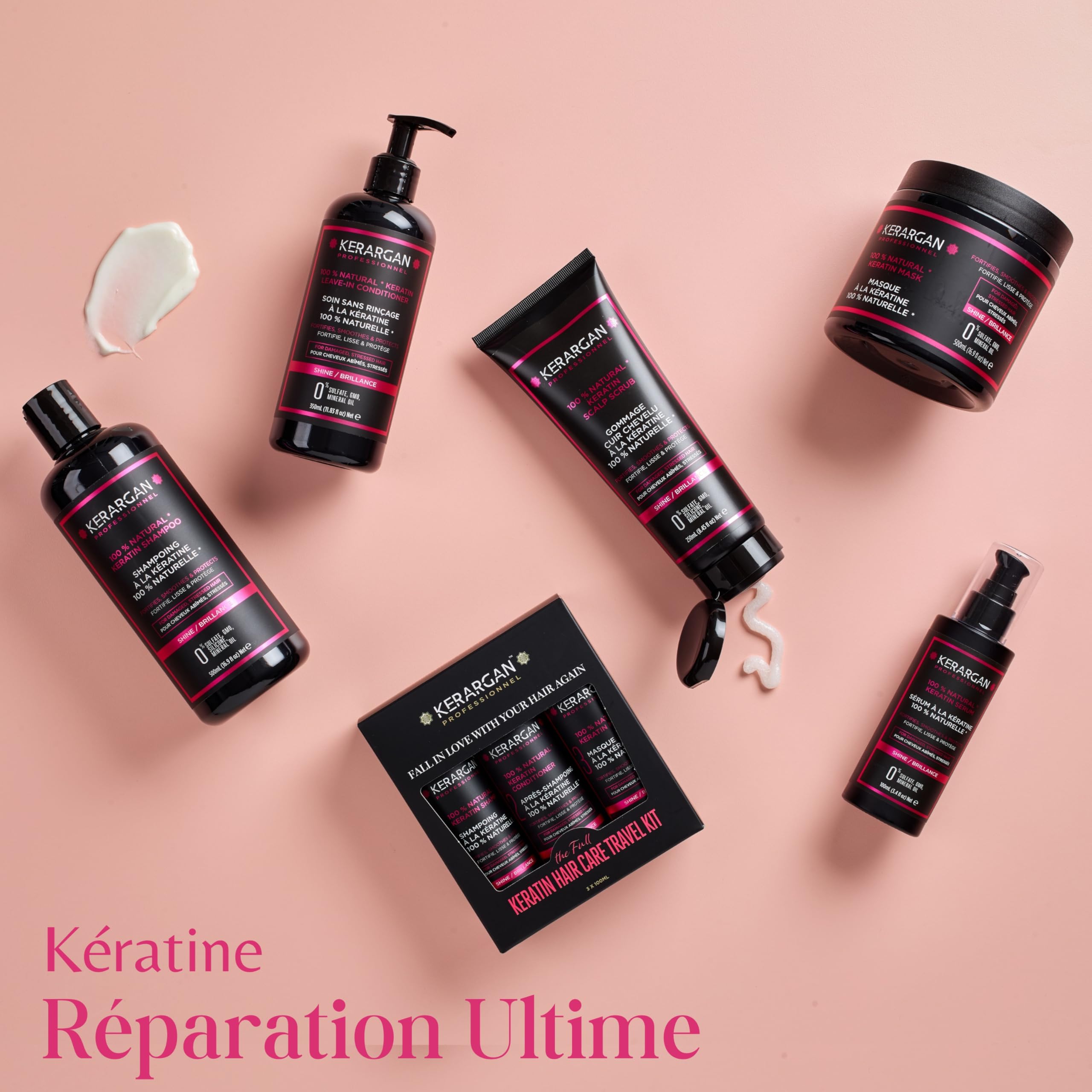 Kerargan - Ensemble Ultra Réparateur Shampoing, Après-shampoing, Masque & Sérum à la Kératine pour Cheveux Abîmés et Stressés - Revitalise & Protège - Sans Sulfate, OGM, Silicone - 3x500 ml + 100 ml