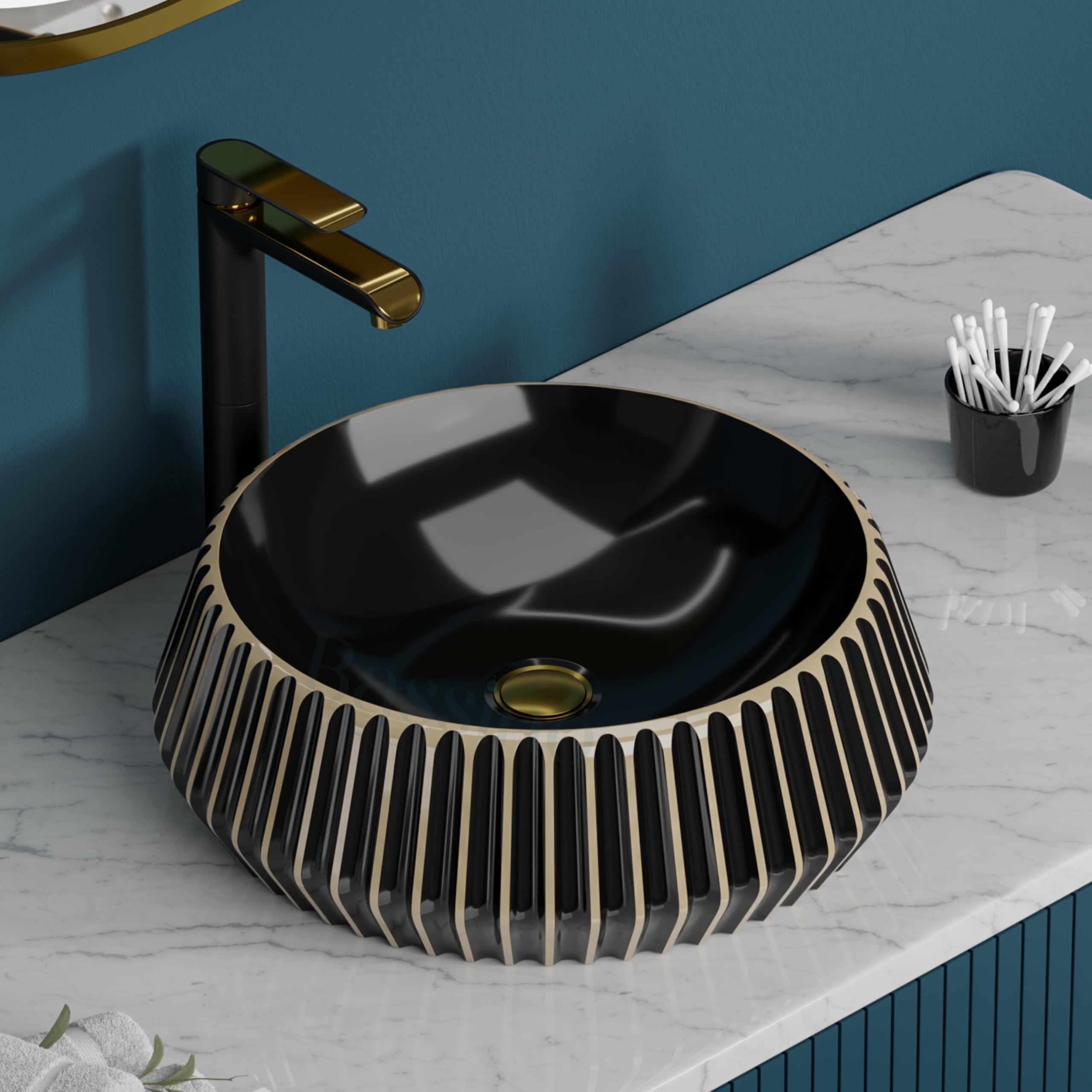 BASSINO 16x16x5.5 Inches Ceramic Table Top Wash Basin/10 Years Warranty/Black & Beige Basin for Bathroom/Round Shape Countertop Washbasin for Restaurant/Dining Hall/Living Room/Hotel(Glossy Finish)