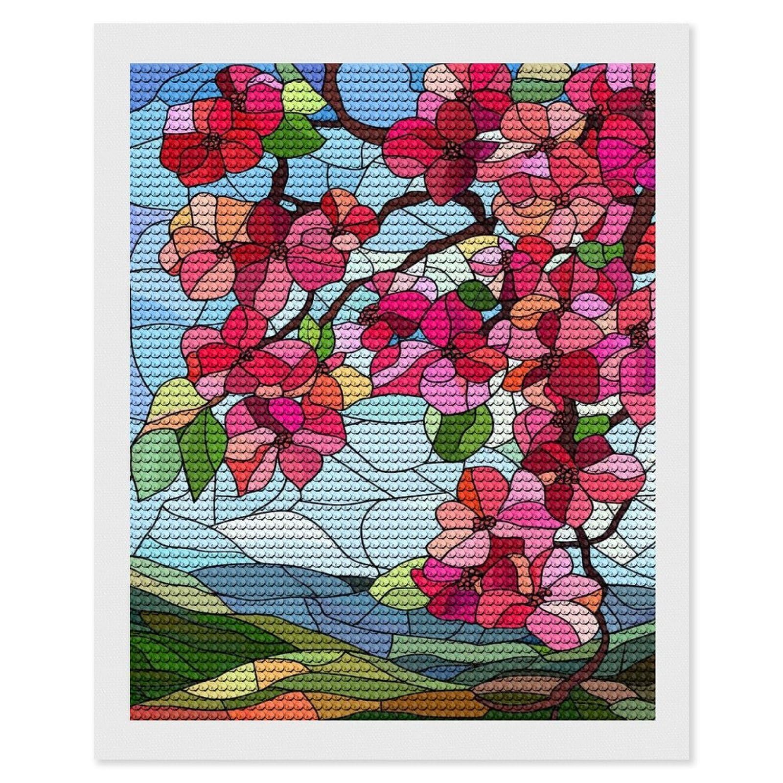 Junmoney Stained Glass Spring Blossoms Diamond Painting Set 16"x20", for Beginners, Modern Decor, Simple to Start, Gift Idea, Pleasing Wall Art Project