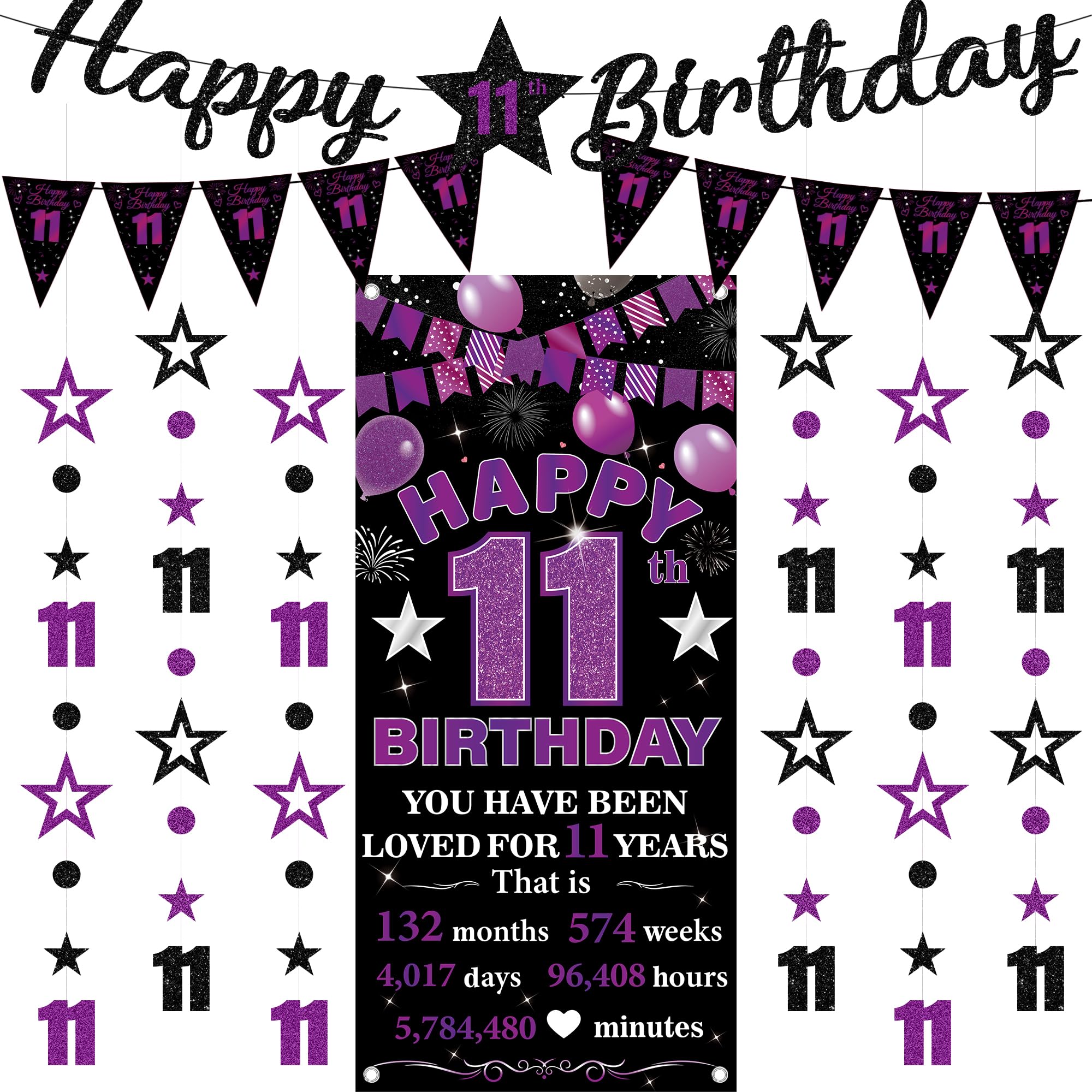 11th Birthday Decorations Banner Girls - 9 Pcs Black Purple Bannes Backdrop Number Star Dot Glitter Hanging Garlands Kit for Girl Happy 11 Years Old Birthday Party Decor Supplies โ image 1