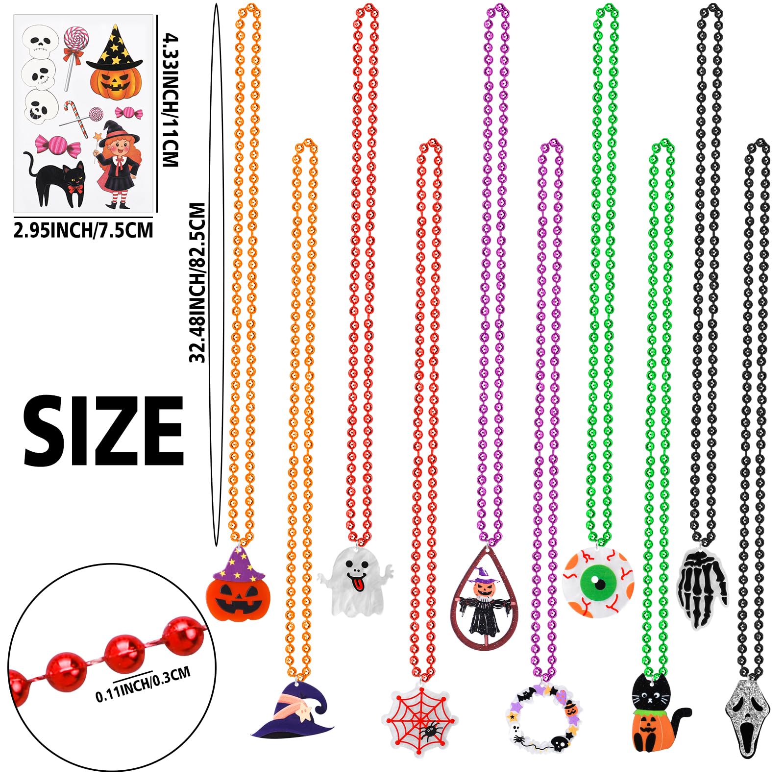 Alomois Halloween Beads Necklaces with Pendant Charms, 48pcs Wizard Tattoos for Party 30pcs Magic Bead Necklace for Halloweens Party Favors Cosutme Accessories(Halloween)