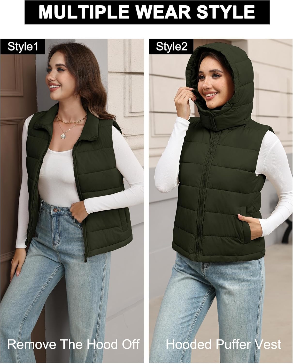 Women's Puffer Vest Detachable Hooded Stand Collar Zip Up Puffy Quilted Vests Outerwear With Pockets Fall Winter - Image 5