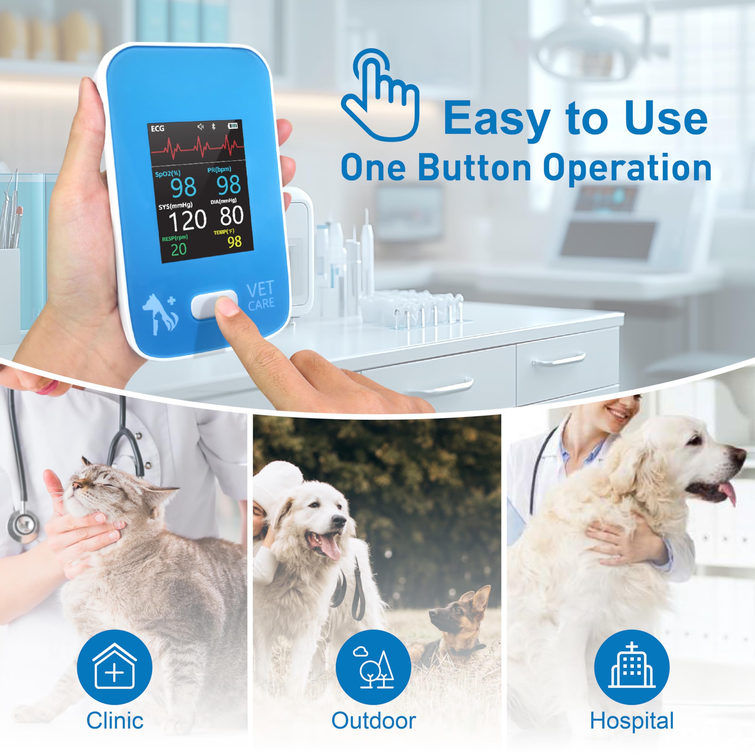 Monitor veterinario para perros, gatos, mascotas, equipo de monitoreo de pacientes veterinarios de 6 parámetros, monitor recargable de signos vitales de animales, monitor de presión arterial