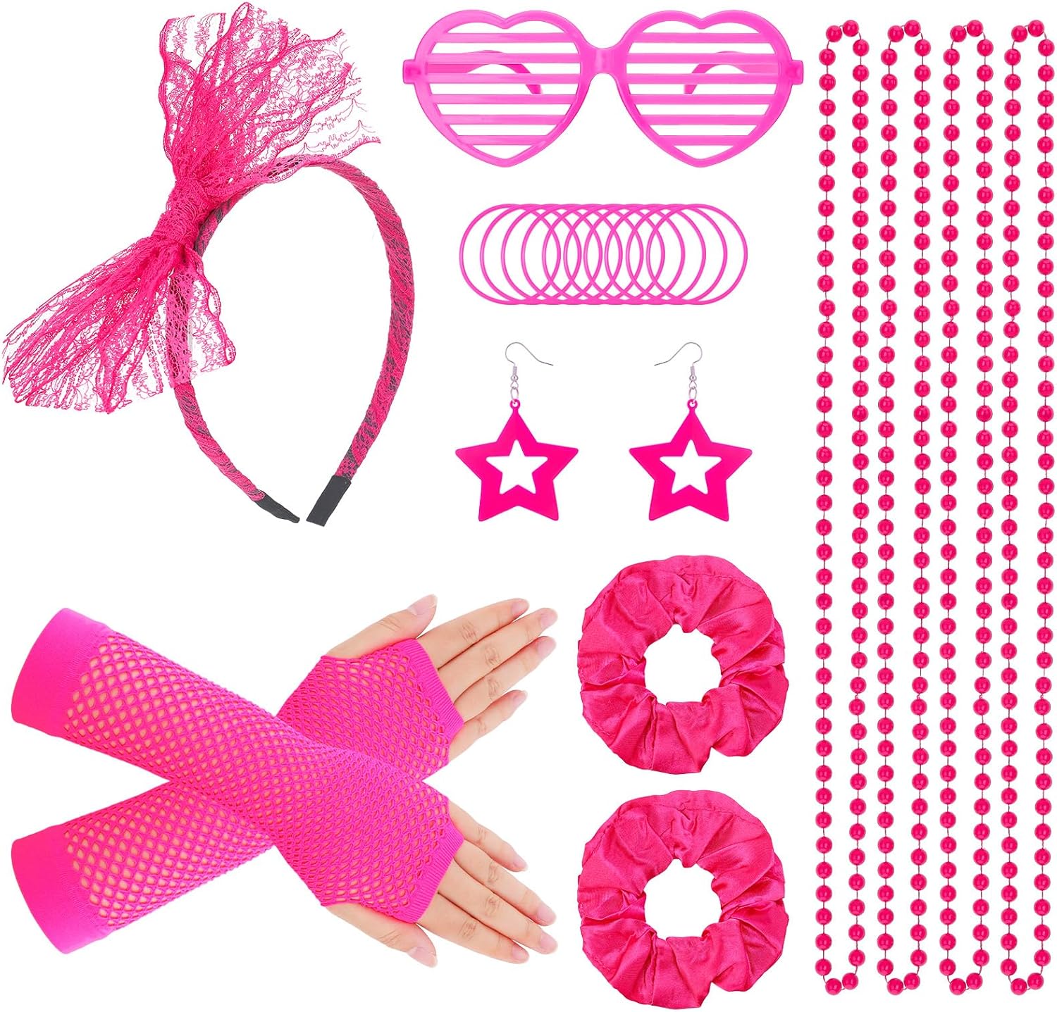 80s Costume Accessories Set for Girls, 1980s Ladies Fancy Dress for Kids Neon Party Outfit with Fishnet Gloves Earrings Bracelets Necklaces Glasses for 80s 90s Disco Party Cosplay