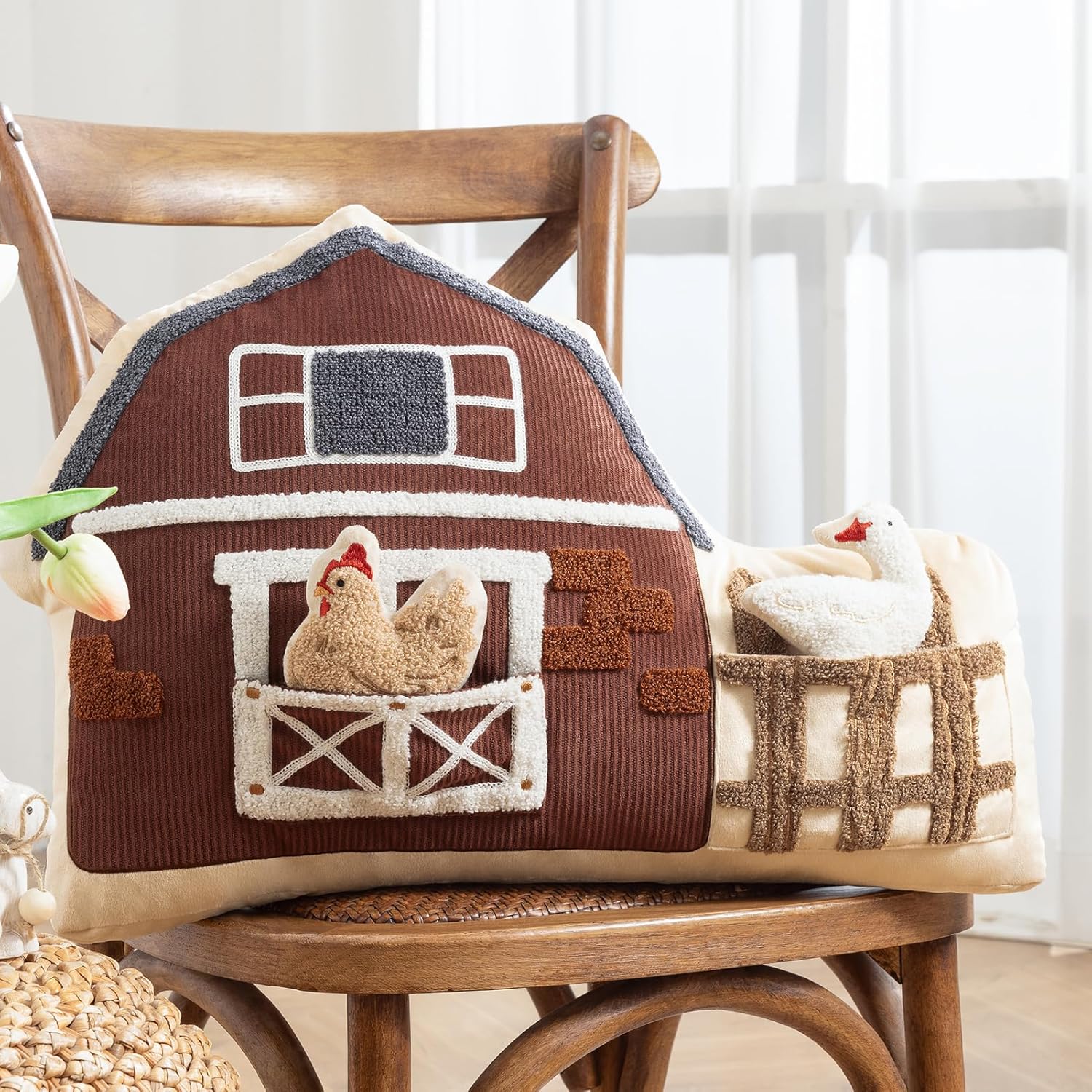 Phantoscope Happy Easter Throw Pillow, Velvet Farm Shaped Decorative Pillows with Removable Fowls, Easter Cushion Pillow for Couch Sofa Bed Chair, Brown, 13.5 x 21.5 inches