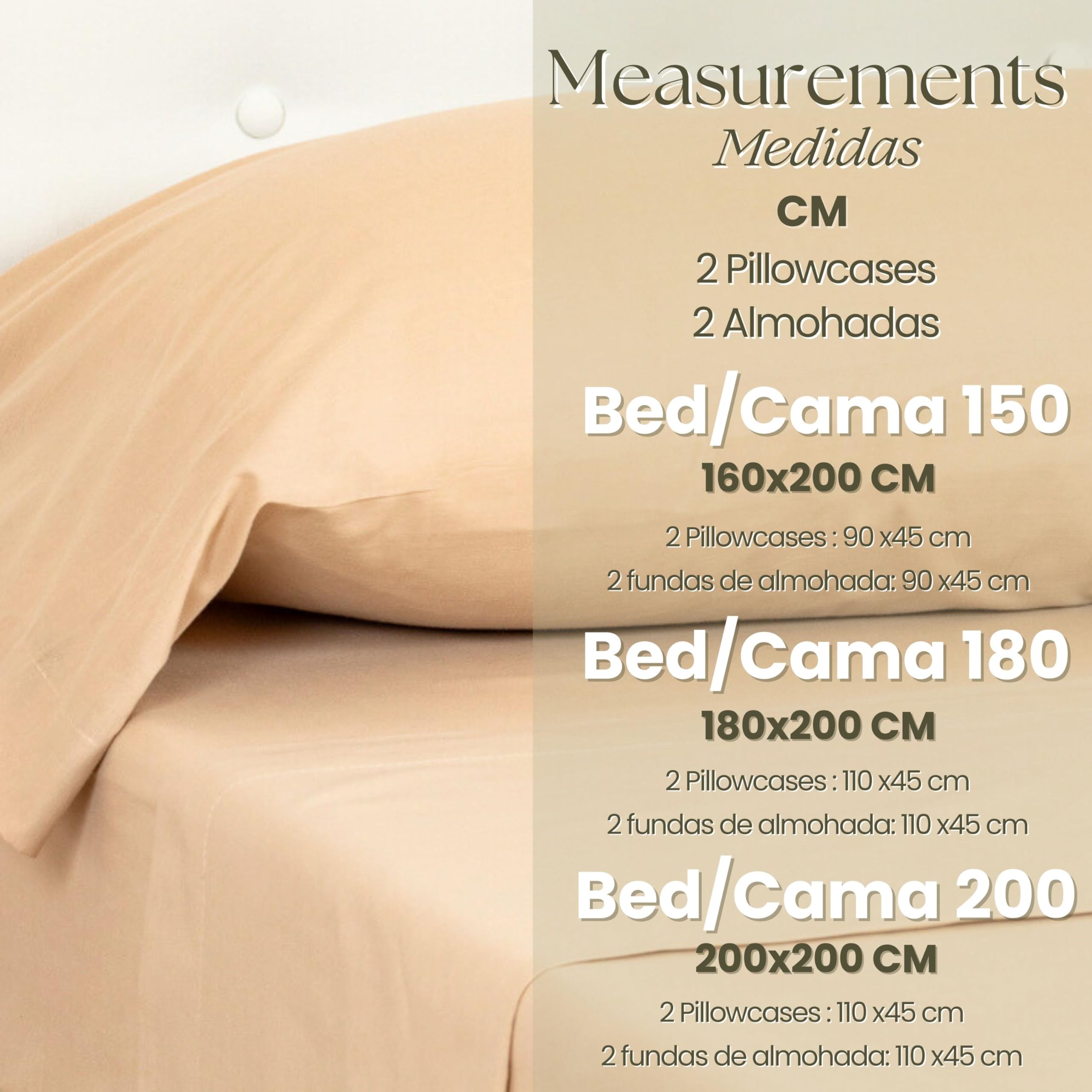 TRAMAS+ Parure de lit 100% Coton pour lit 160x190/200 cm, 4 pièces, Drap-Housse, Drap Plat et 2 taies d'oreiller 90x45 cm, Douce, Respirante et certifiée Oeko-TEX, Sable