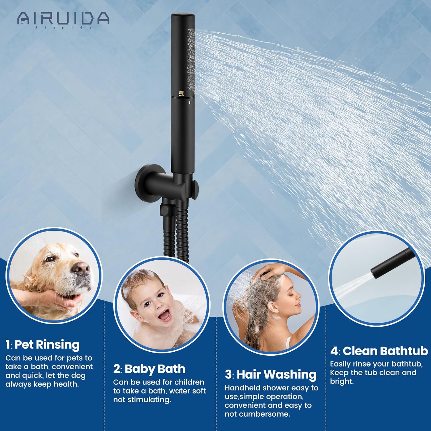 Airuida 3-Function Rain Shower System Set – Wall Mount Tub Shower Combo with Handheld Shower and Tub Spout,12 Inch Shower Head,Matte Black