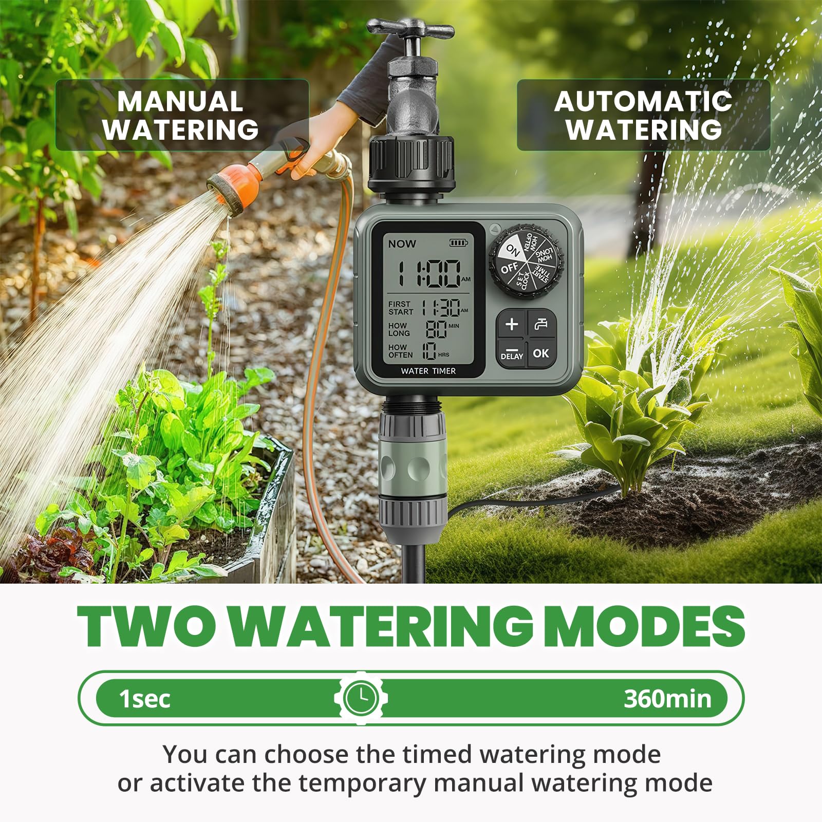 Timer dell'acqua per tubo da giardino esterno con timer per irrigazione a goccia con ritardo della pioggia/modalità manuale, sistema di controllo automatico per irrigazione a goccia per irrigazione da