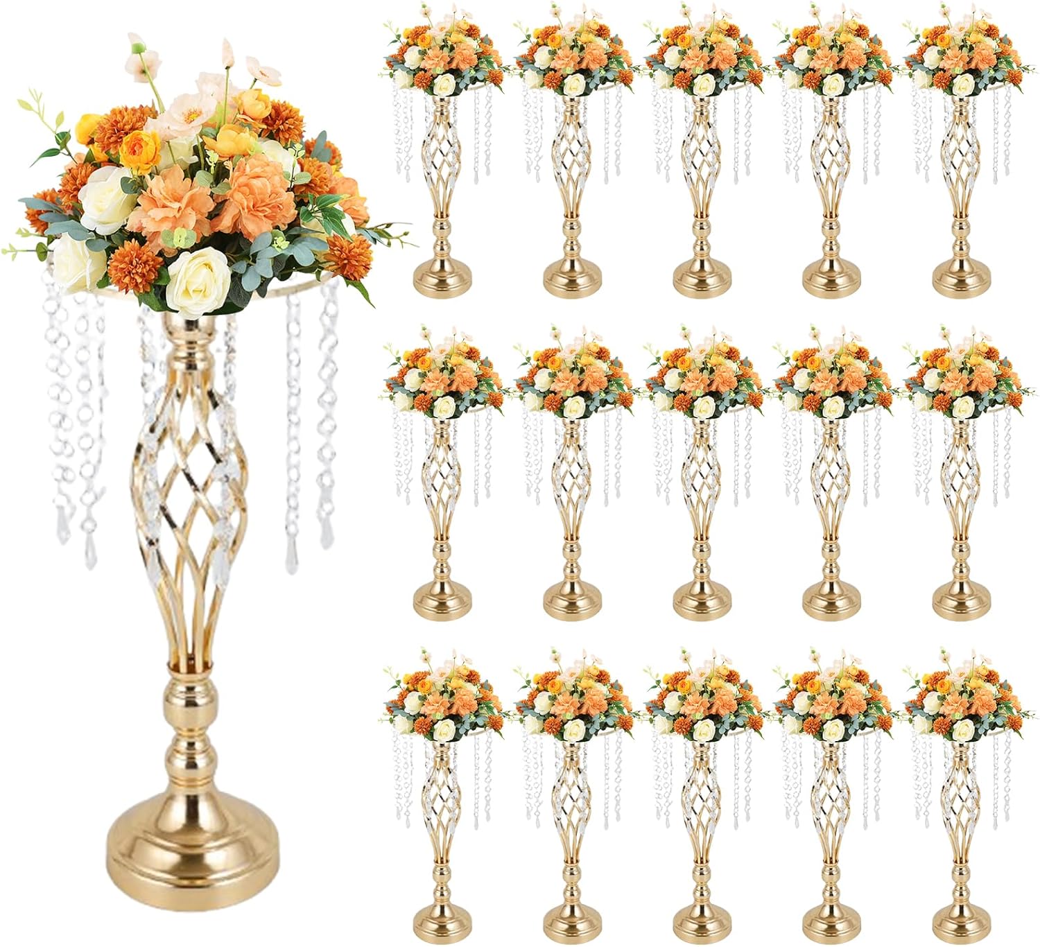 15 Pcs 19.3 Inches Tall Crystal Flower Stand Wedding Road Lead Metal Flower Holders Centerpiece for Wedding Party Crystal Flower Chandelier Metal Flower Vase for Reception Tables Wedding Supplies