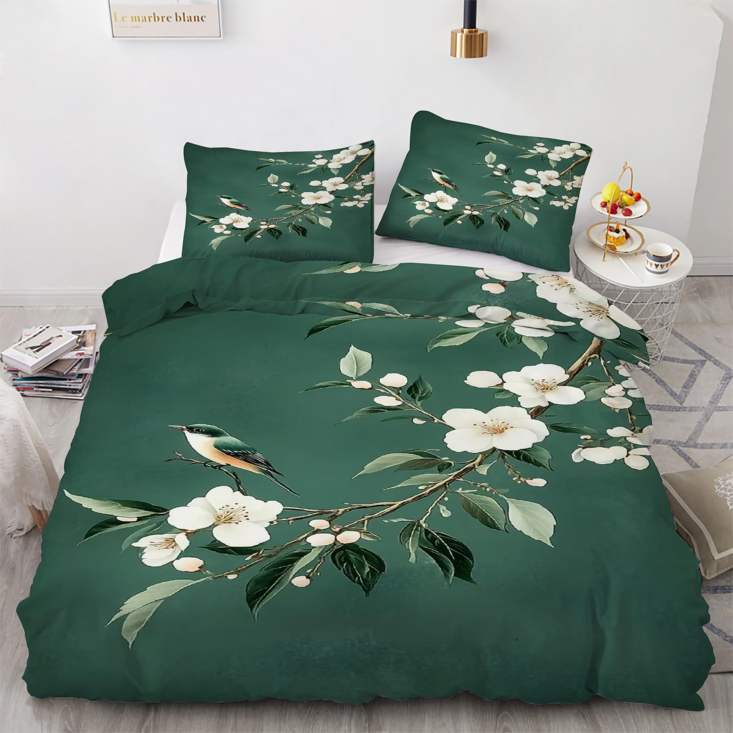 Housse de couette 160x200 verte motif fleur de poirier avec ses 2 taies d'oreiller microfibre