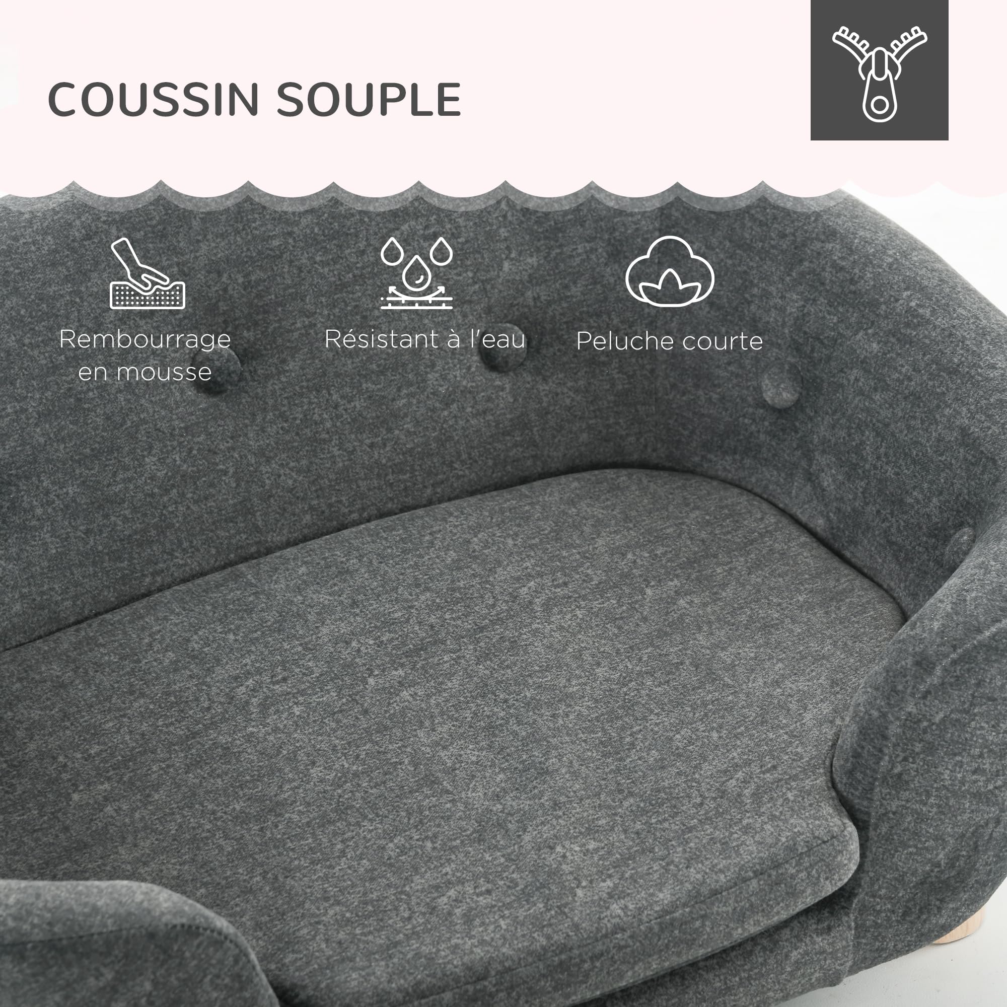 PawHut Canapé lit Panier Chien Chat sur Pied Design Contemporain Coussin Moelleux Amovible Pieds Bois Massif dim. 70L x 47l x 30H cm Gris Anthracite