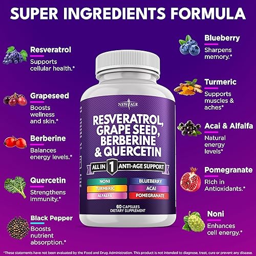 Miniatura 2 de NEW AGE Resveratrol, berberina, extracto de semilla de uva, quercetina, suplemento de polifenol para mujeres y hombres con noni, N-acetil cisteína,